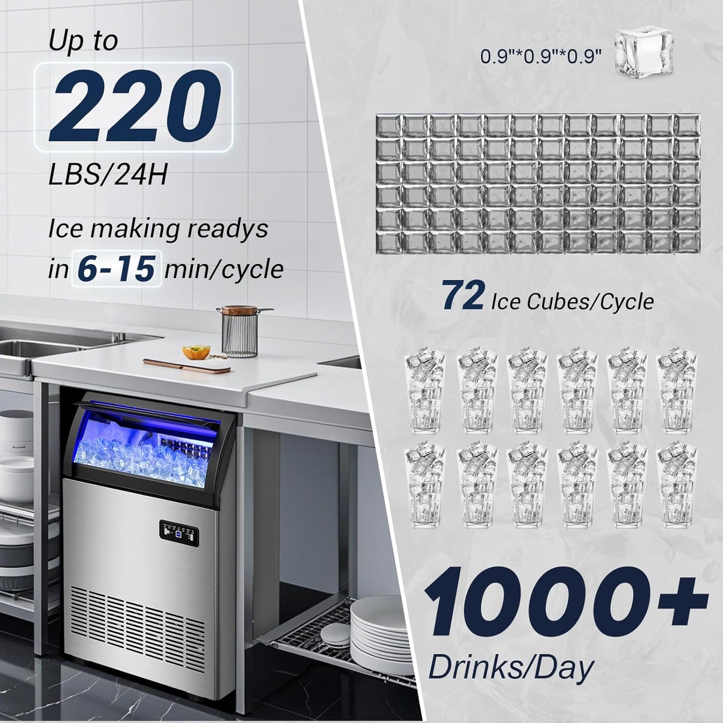 220LBS Commercial Ice Maker Machine - 72PCS Ice Cubes per Round, Undercounter/Freestanding Ice Machine, 55LBS Ice Storage Capacity for Home Bar and Outdoor, Stainless Steel Self-Cleaning