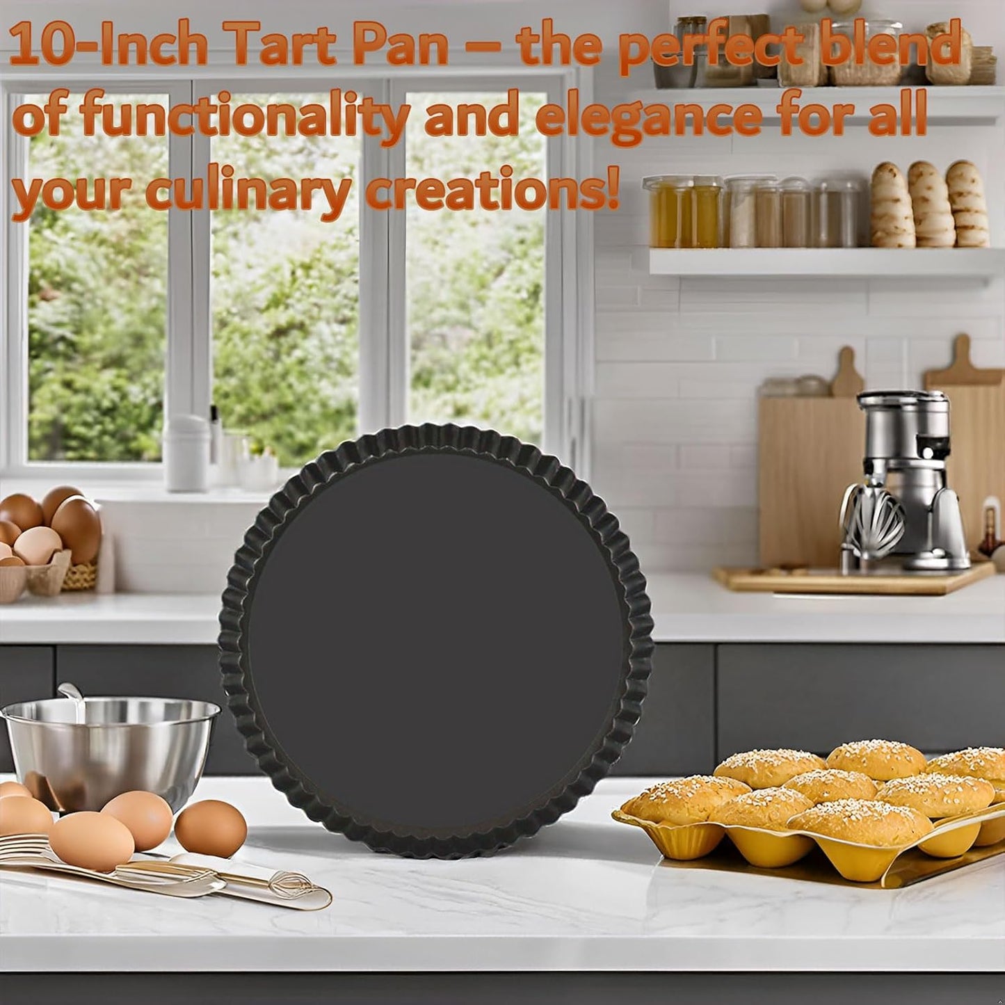 10 Inch Nonstick Tart Pan with Removable Bottom, Carbon Steel Quiche and Pie Pan- 1.1-Inch Depth, Fluted Edges for Baking Tarts, Quiches, Mousse Cakes, and Desserts