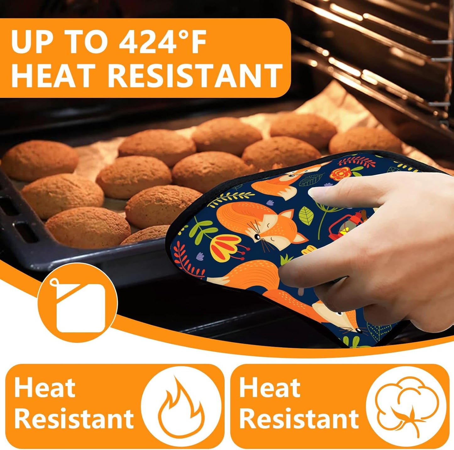 Cute Fox Oven Mitts and Pot Holders Sets 4Pcs,Extra Long Oven Gloves Potholder for Kitchen Cooking Baking BBQ 100% Cotton Heat Resistant