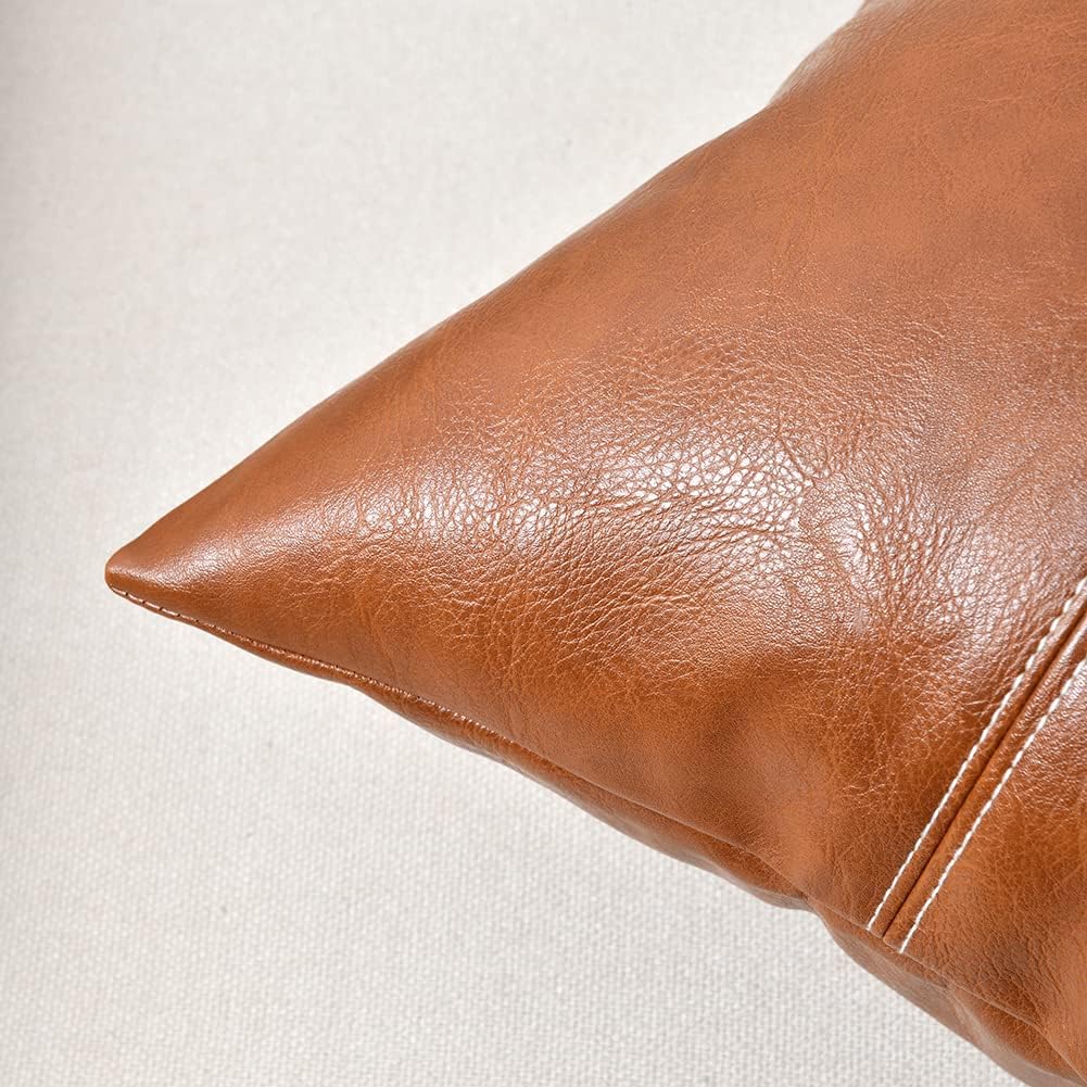 Fancy Homi Hand Stitched Brown Faux Leather Decorative Throw Pillow Covers 18x18 Inch for Living Room Couch Bed Sofa, Accent Square Cushion Case 45x45 cm, Rustic Modern Farmhouse Boho Home Decor