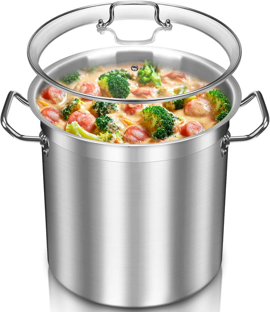 24 Quart Stainless Steel Stock Pot with Glass Lid – Heavy Duty Cooking Pot for Soup, Stew, Pasta – Induction Compatible, Dishwasher Safe – Ideal for Home & Commercial Use
