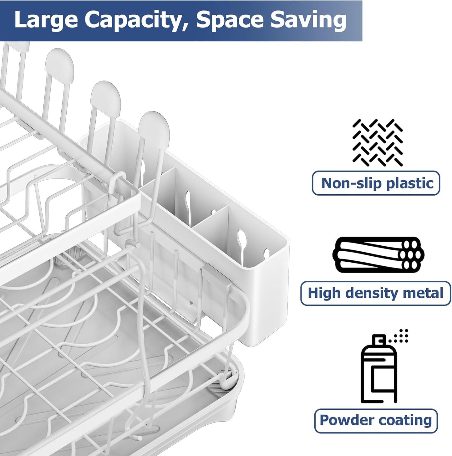 Dish Drying Rack 2-Tier Dish Racks for Kitchen Counter, Adjustable Spout Auto-Draining Dish Rack, Large Capacity for Plates, Bowls, Cups, Tableware，Dish Drainer with Drainboard,White