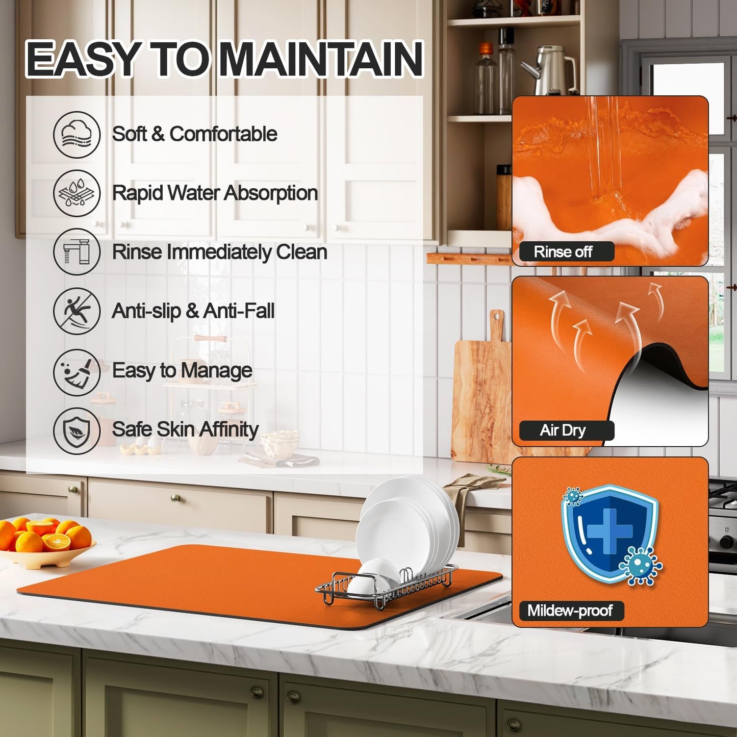 Dish Drying Mat for Kitchen Counter | Coffee Bar Mat for Countertops | Heat Resistant Drainer Mat with Non-slip Rubber Backed | Hide Stain Kitchen Absorbent Draining Mat | Orange 18"x28"