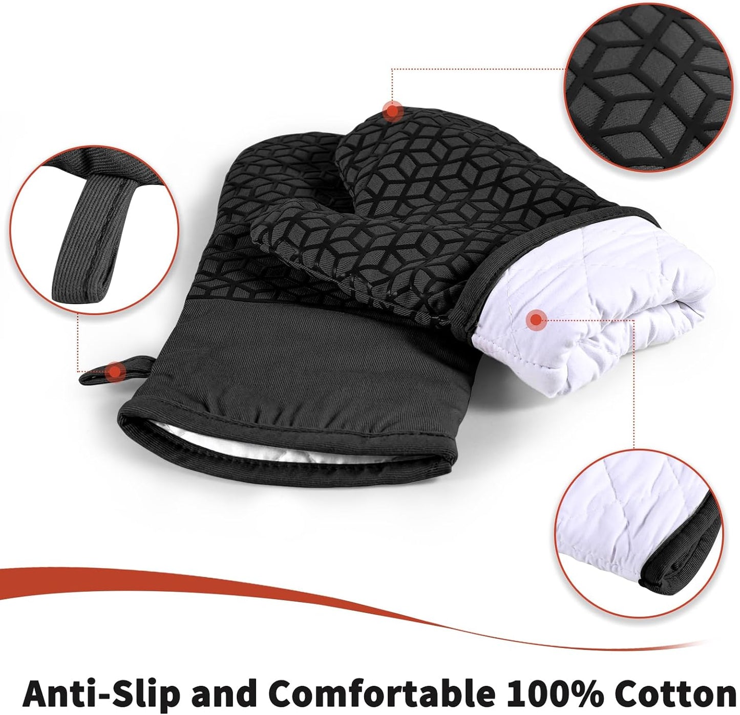 Oven Mitts and Pot Holders,500 ℉ Heat Resistant Oven Mitts Sets,Silicone Oven Gloves, Non-Slip Silicone Textured Grip,Black