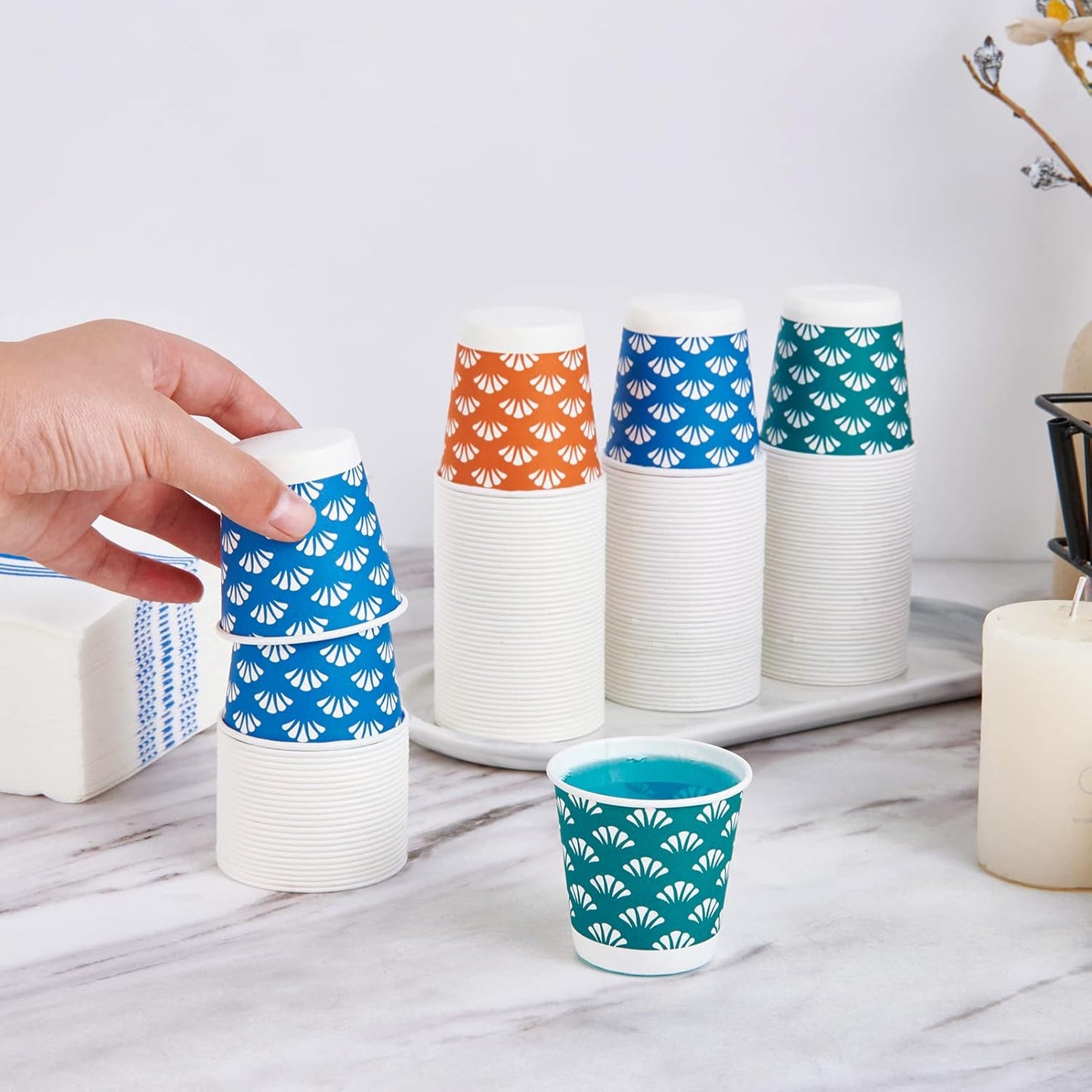 JollyPack 300 Pack 3 oz Disposable Bathroom Paper Cups, Small Mouthwash Cups in Orange, Blue, and Green, Great for Candy, Biscuits, Bathroom Use, Parties, Picnics, and Travel
