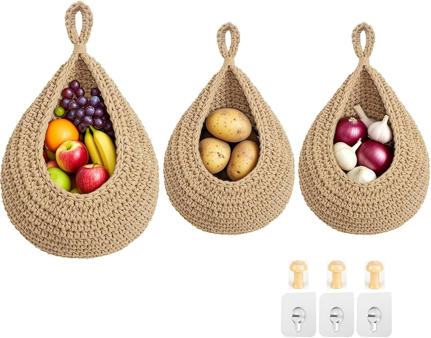Halidali Hanging Fruit Baskets for Kitchen, 3 Pack Boho Cotton Rope Handwoven Vegetable Storage Wall Mounted Large Organizing Basket for Farmhouse Decor, Onion, Potato, Garlic and Plants (Linen)