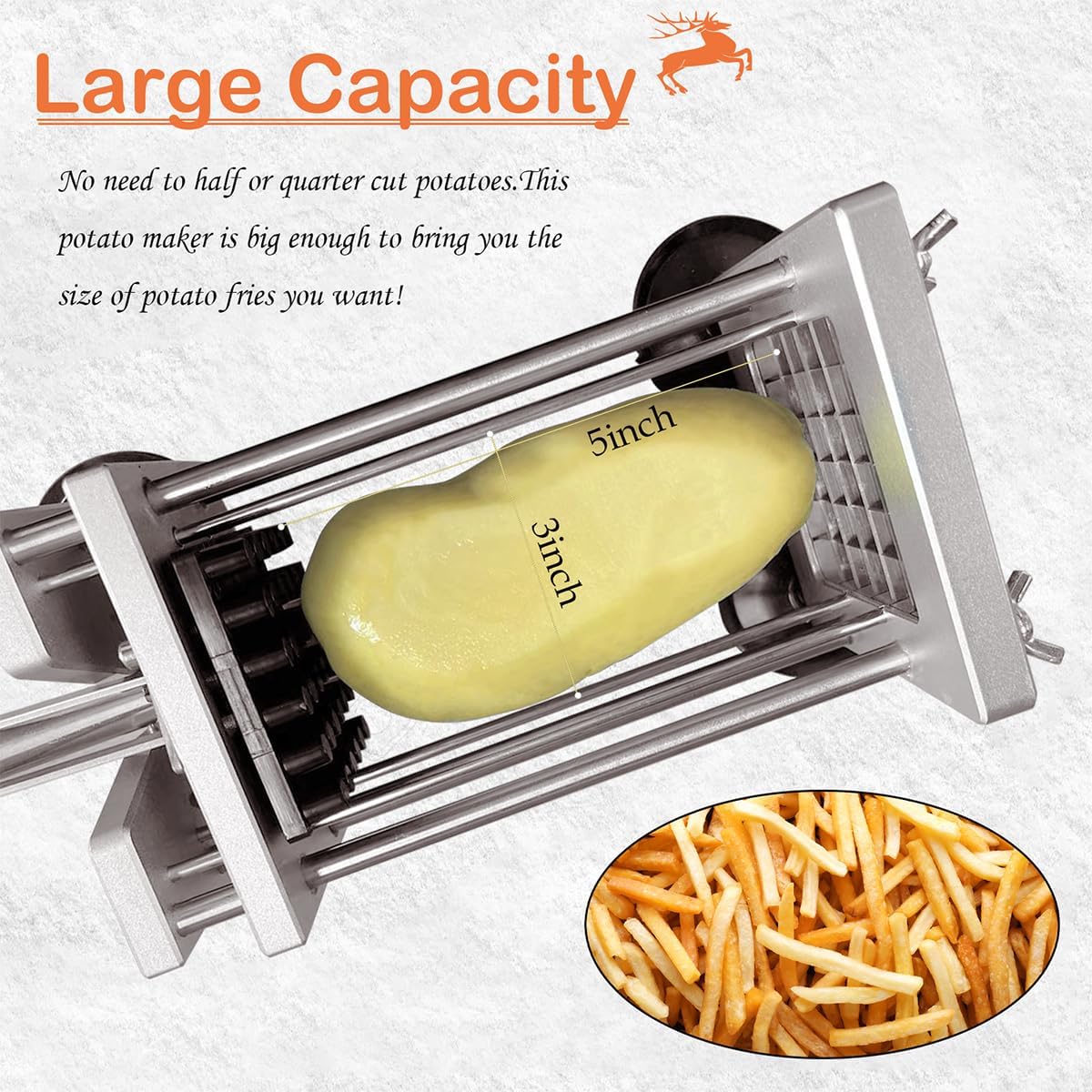 French Fry Cutter，Professional Stainless Steel Potato Cutter， Press Fries with 1/2-Inch and 3/8-Inch Blade Great for Potatoes