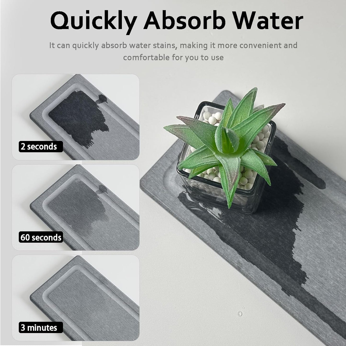 2 PCS Water Absorbing Stone Trays for Bathroom Sink & Kitchen Counter, Fast-Drying Diatomite Sink Coasters, Vanity Tray, Hand Soap Holder with Anti-Skid Pads (9.5" x 4.7" Gray)