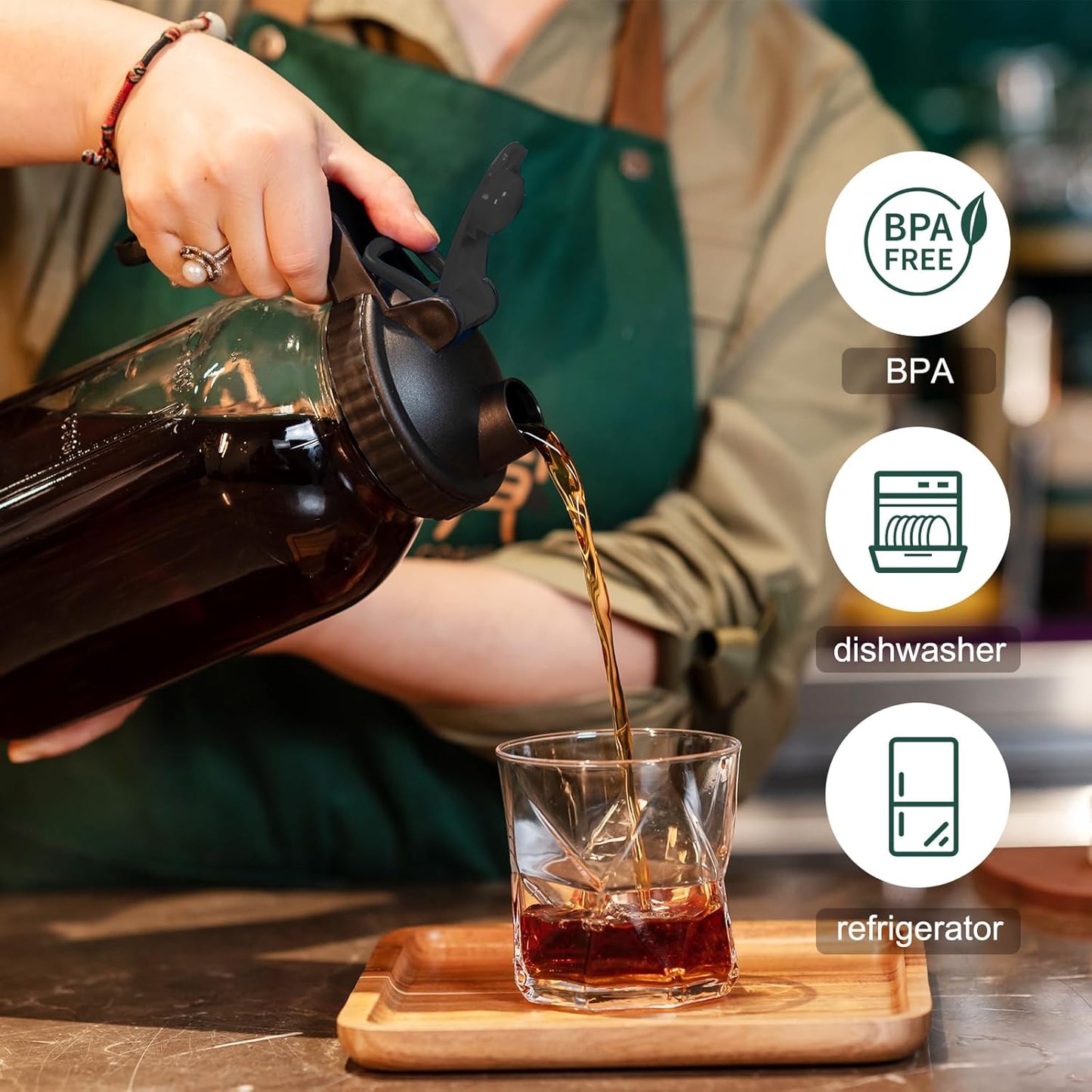 Glass Mason Jars Pitcher 64 Oz Pour Spout Lids & Handle (2 Pack) Wide Mouth Airtight Leak Proof Fridge Breast Milk Pitcher With Top Flip Cap 2 Quart Water Jug For Cold Brew Coffee, Iced Tea,