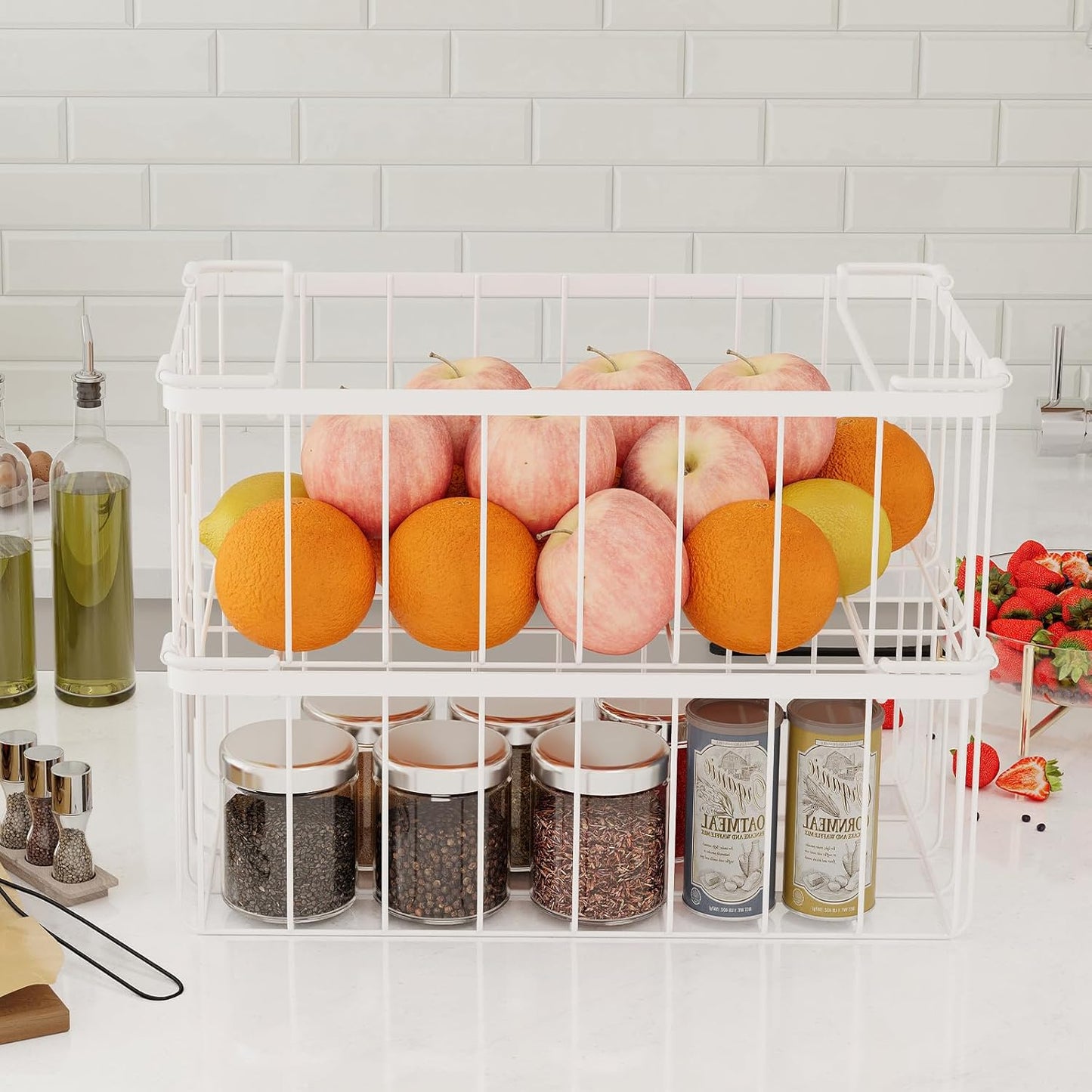 Freezer Storage Organize Baskets - 2 Pack Stackable Deep Freezer Organizer Bins for Most 7 Cu.FT Chest Freezer with Handles, Sturdy but Light, Metal Coated, Add Space, Easy to Reach