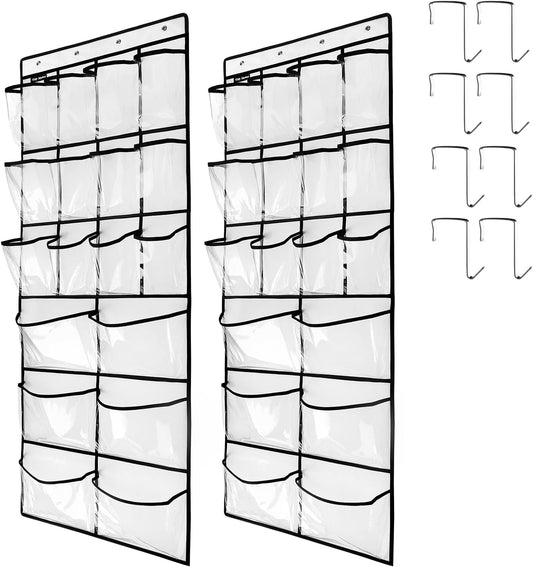 2 Pack Extra Large Hanging Crystal Clear Over Door Shoe Organizers, Closet Shoe Rack Organizer, 12+6 Pockets, 8 Hooks, White (59" x 21.6")