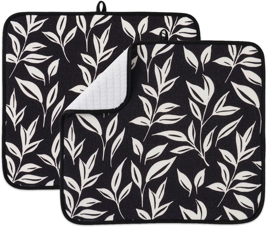 FRESHMINT Printed Dish Drying Mats for Kitchen Counter 2 Pack Absorbent Reversible Drying Mats Microfiber Kitchen Countertop Protector Dishes Drying Pad Extra Large 18"x16" Dish Mat