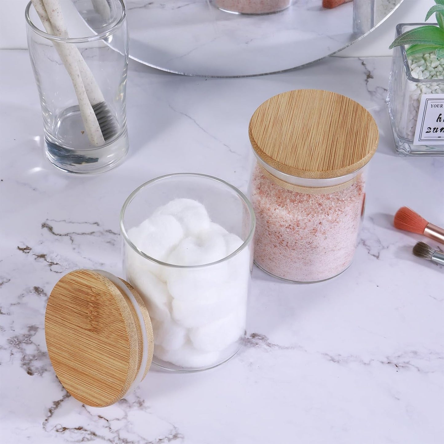 2 Pack Glass Jars with Bamboo Lids - Airtight Bathroom Storage Containers for Organization, Decor & Kitchen Pantry - 7.6oz Small Jars, Eco-Friendly Bath & Kitchen Accessories