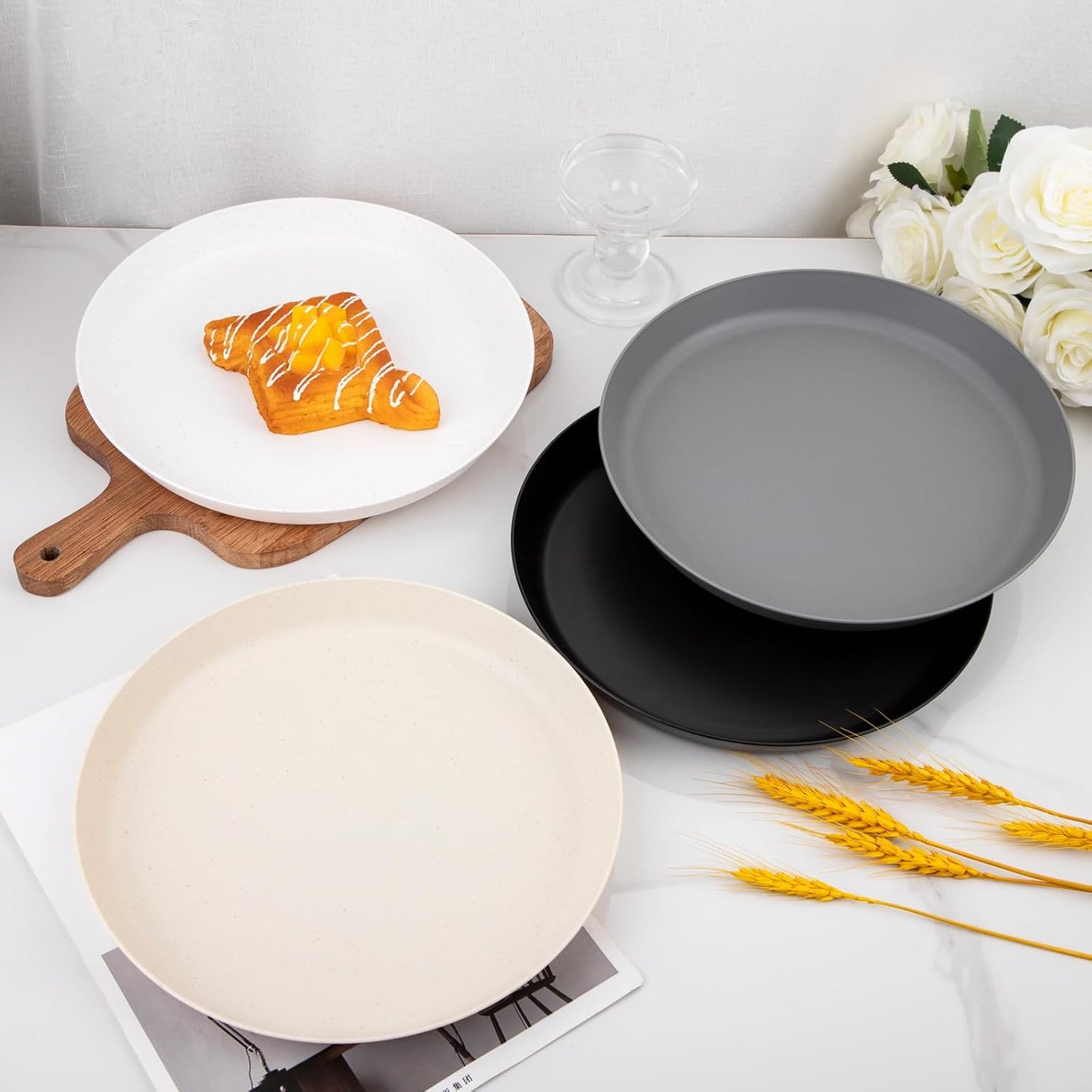 EI 16pcs Wheat Straw Dinner Plates Set,Unbreakable Plastic Plates,Reusable Lightwight Plastic Plate,Party Plate for Halloween,Family Dinners, Picnics, School-Black,White,Dark Grey,Beige