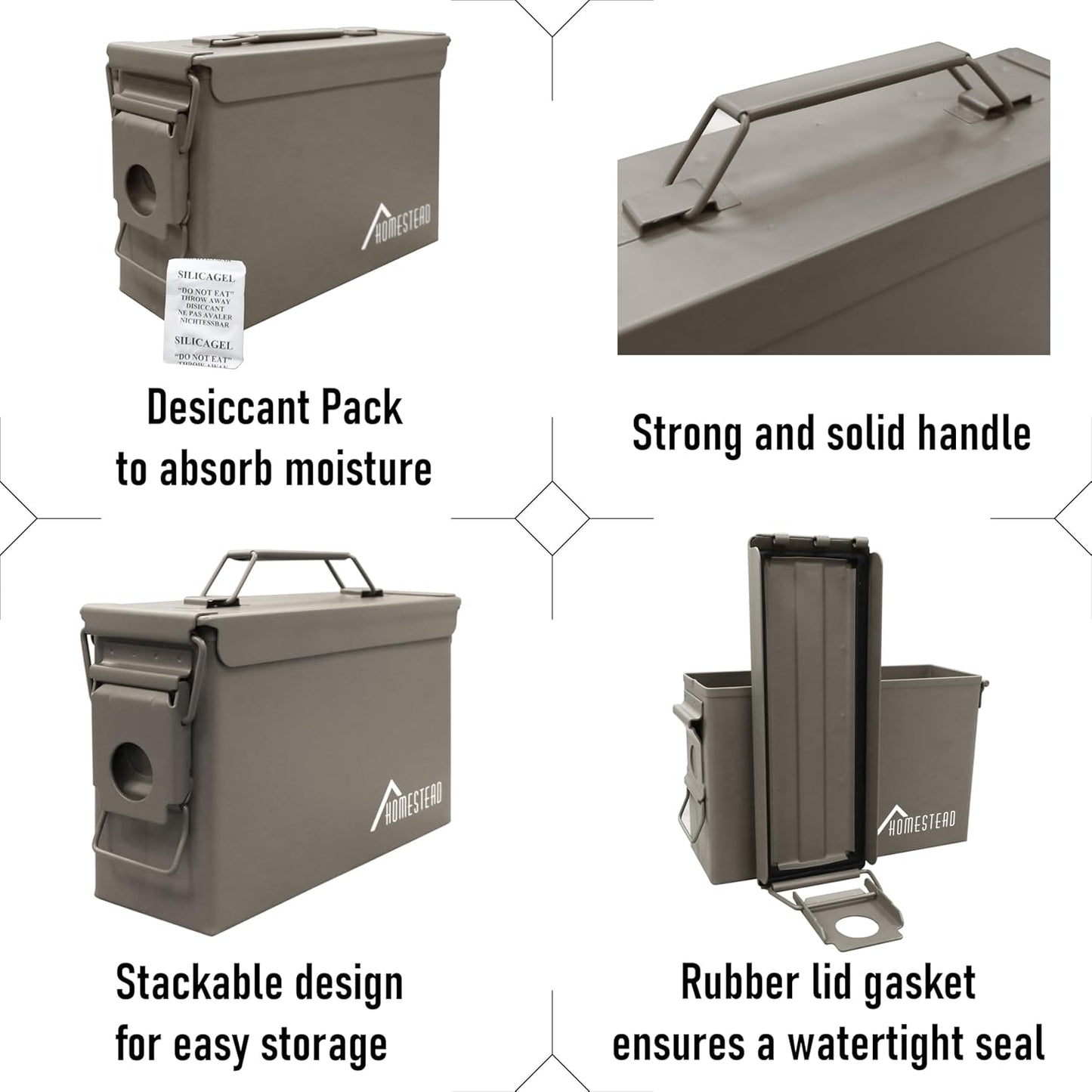 HOMESTEAD 30 Cal Metal Ammo Cans – 4 Pack M19A1 Military Steel Storage Boxes, Airtight & Water-Resistant Containers for Ammunition or Tools, Dark Brown