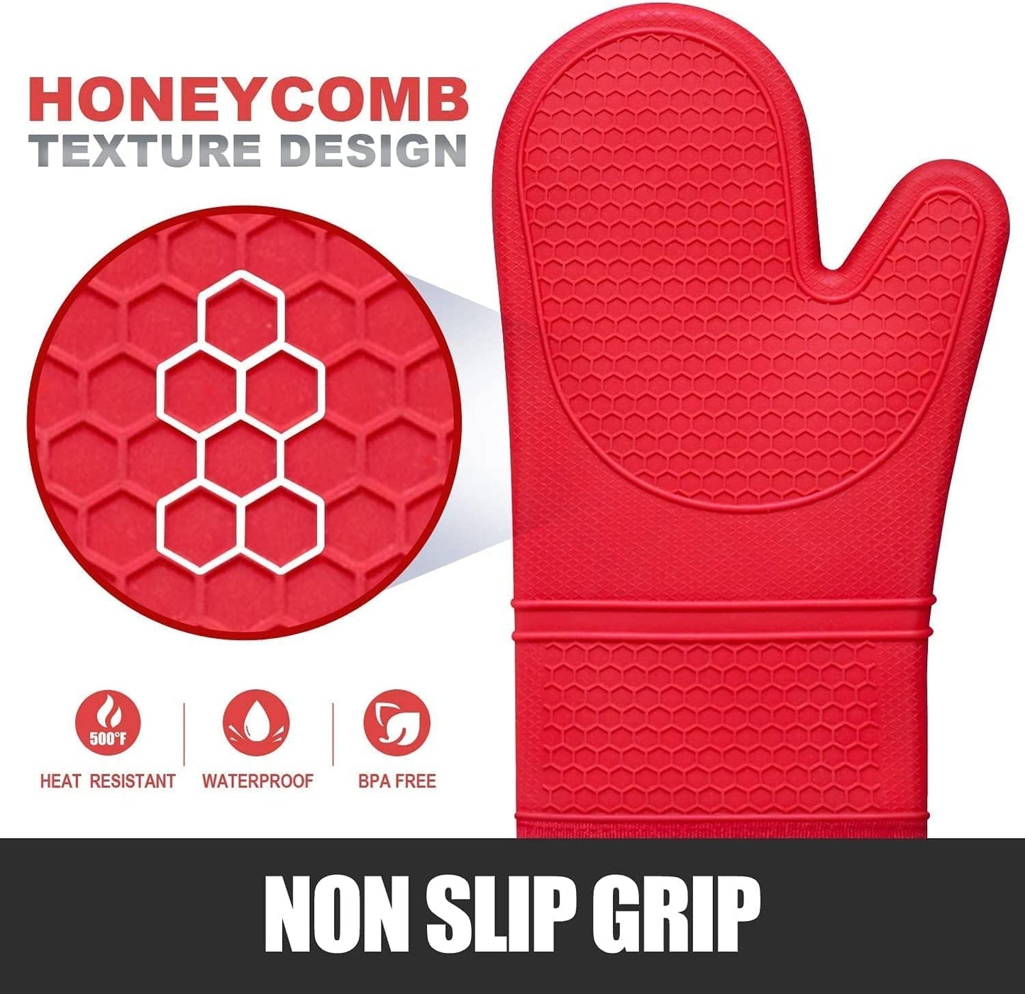 Rorecay 6pcs Oven Mitts and Pot Holders Sets for Kitchen, Extra Long Silicone Oven Gloves Heat Resistant 500 Degrees Non-Slip Potholders Hot Pads for Baking Cooking, Quilted Liner, Red