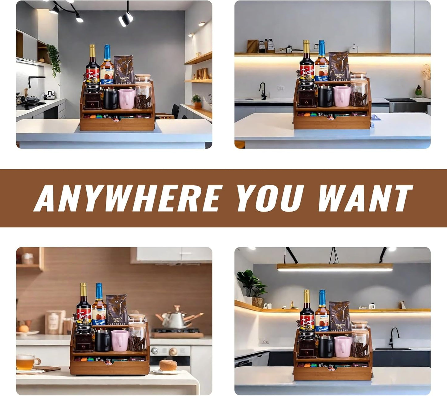 Bamboo Coffee Syrup Rack Organizer 3 Tier Coffee Syrup Rack with Cup Storage Box for Coffee Bar,Syrup Bottle Holder Stand for Syrup,Wine,Dressing for Kitchen Coffee Station,Brown