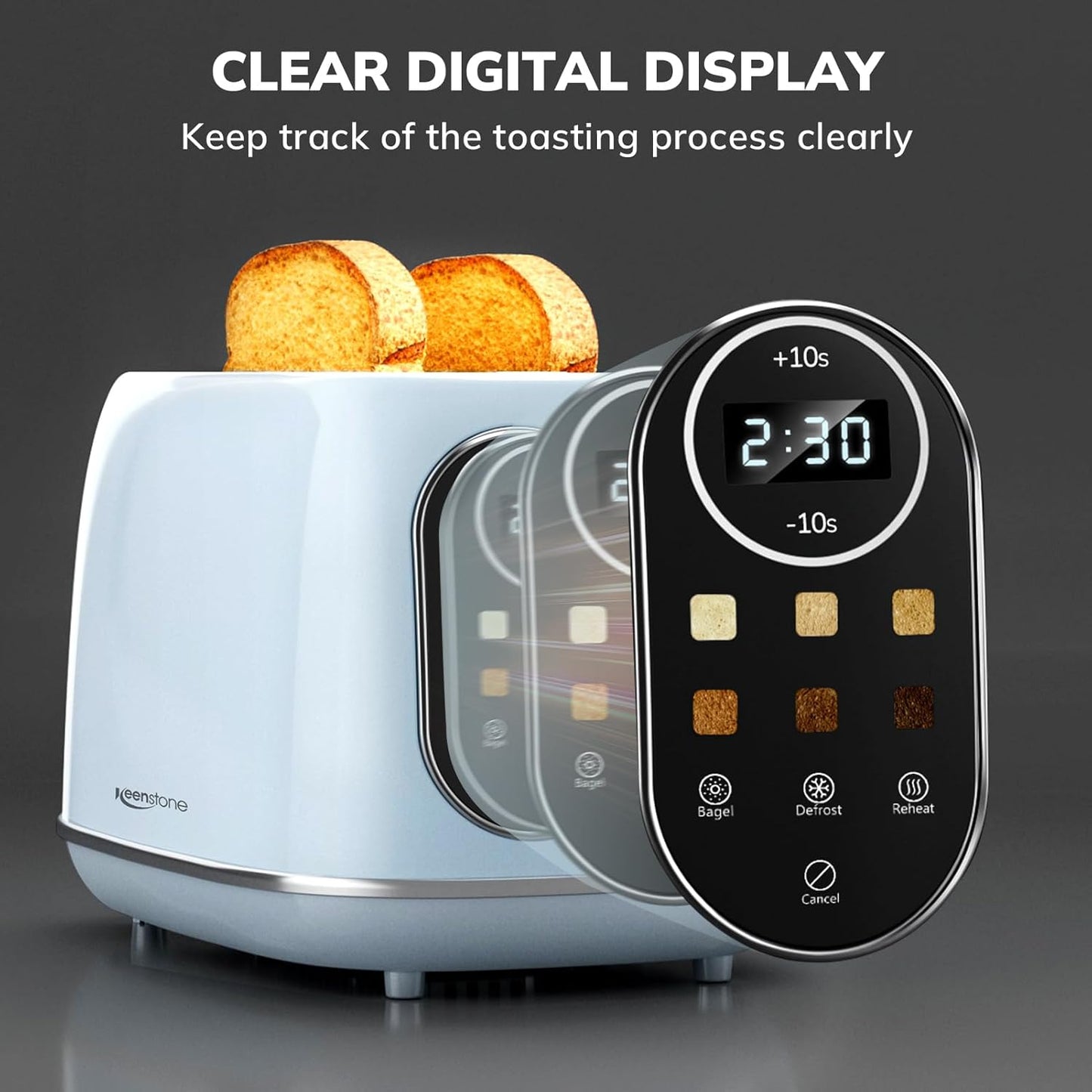 Keenstone Smart Touch Screen Toaster 2 Slice, Retro Wide Slot Stainless Steel Toaster with 6 Browning Levels, Reheat & Defrost, for Bagel, Toast, Bread, Removable Crumb Tray, Blue