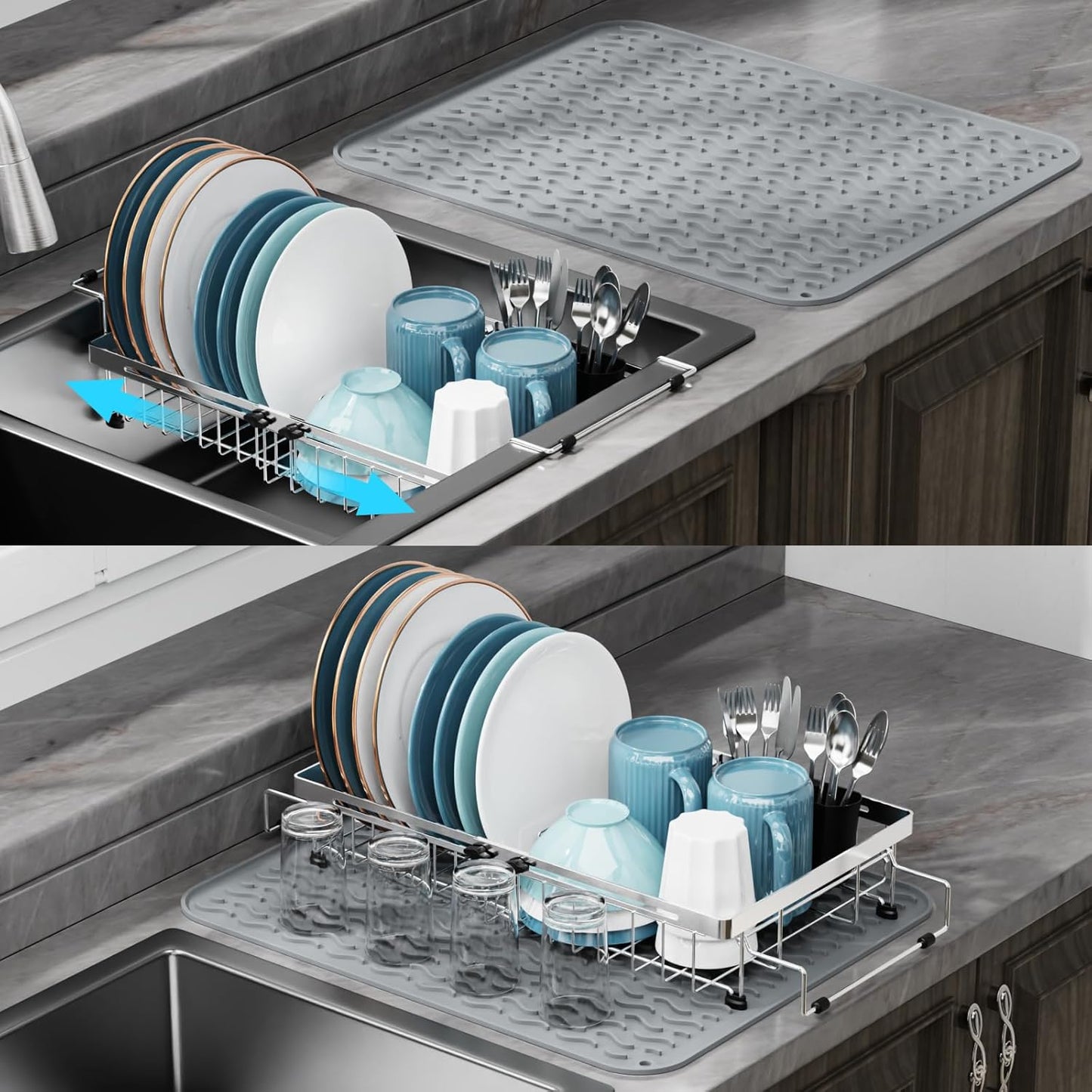 GSlife Expandable in Sink Dish Drying Rack - Stainless Steel Capacity Adjustable Over The Sink Dish Rack, Dish Drainer for Kitchen Sink Counter with Utensil Holder, 13.4"-20.5" L x 12.8" W, Silver