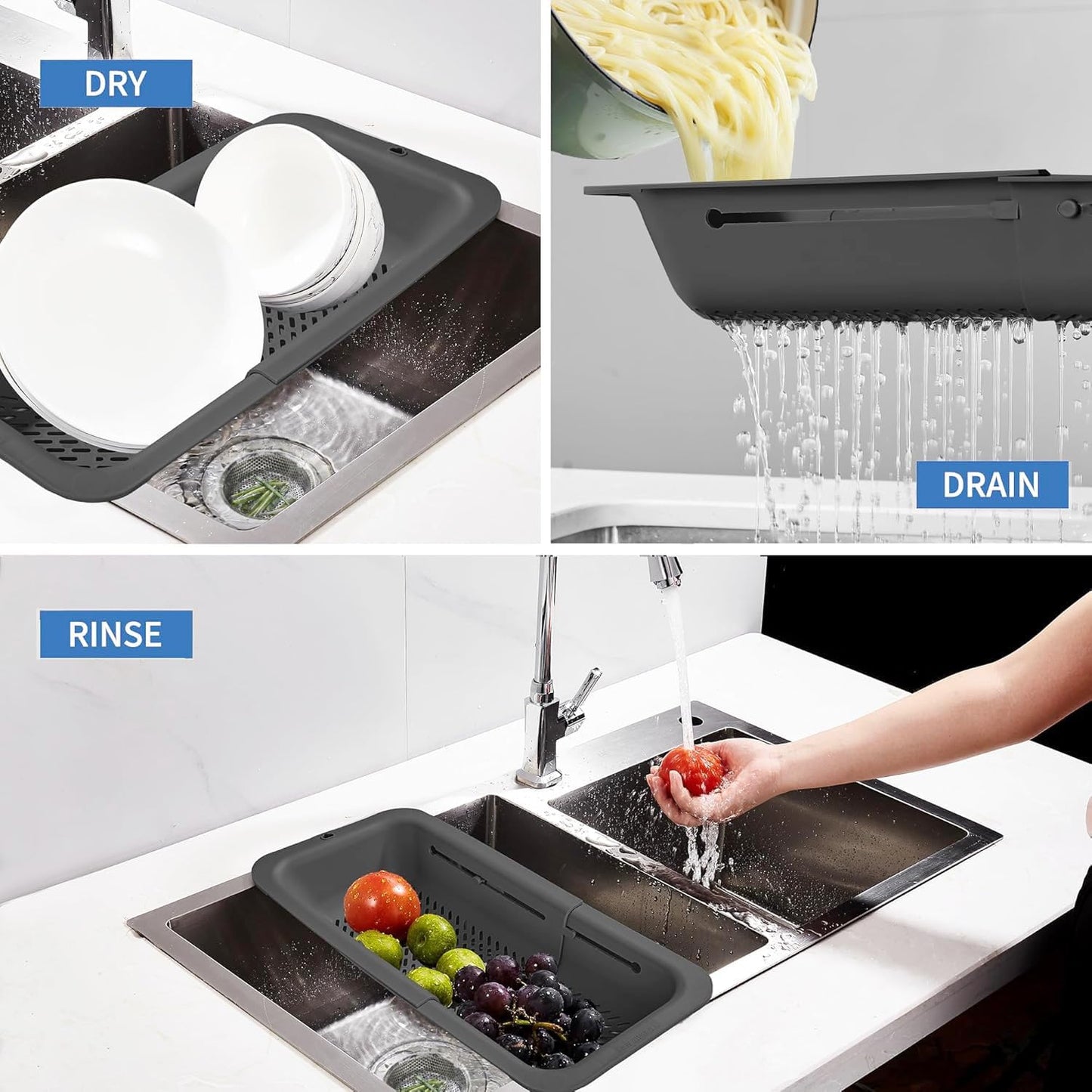 LASSHSWA Collapsible Colander and Strainer for Kitchen, Over the Sink Strainer Basket for Kitchen, Fruit Pasta Food Strainer Expandable Plastic Colander with A Sink Drain Strainer Stainless Steel