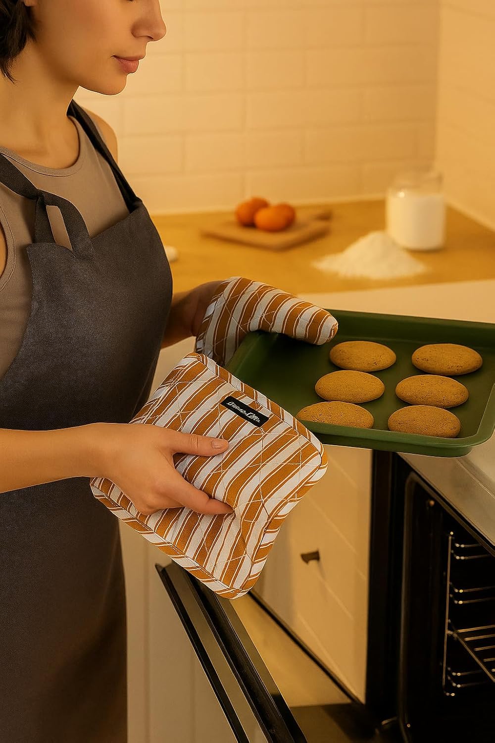 AMOUR INFINI Double Stripe Pot Holders Heat Resistant Cotton Set of 3 Nonslip 8"x8" Inch Hot Pads for Kitchen, BBQ, Baking & Cooking with Hanging Loops (Yellow)