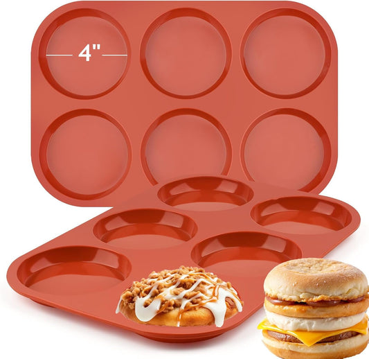 JOERSH 2-PK Silicone Egg Mold Non-Stick 4 Inch Jumbo Size Muffin Top Pan, Large Round Silicone Molds for Baking Hamburger Bun, Egg Bites, Breakfast Sandwiches, Pancakes