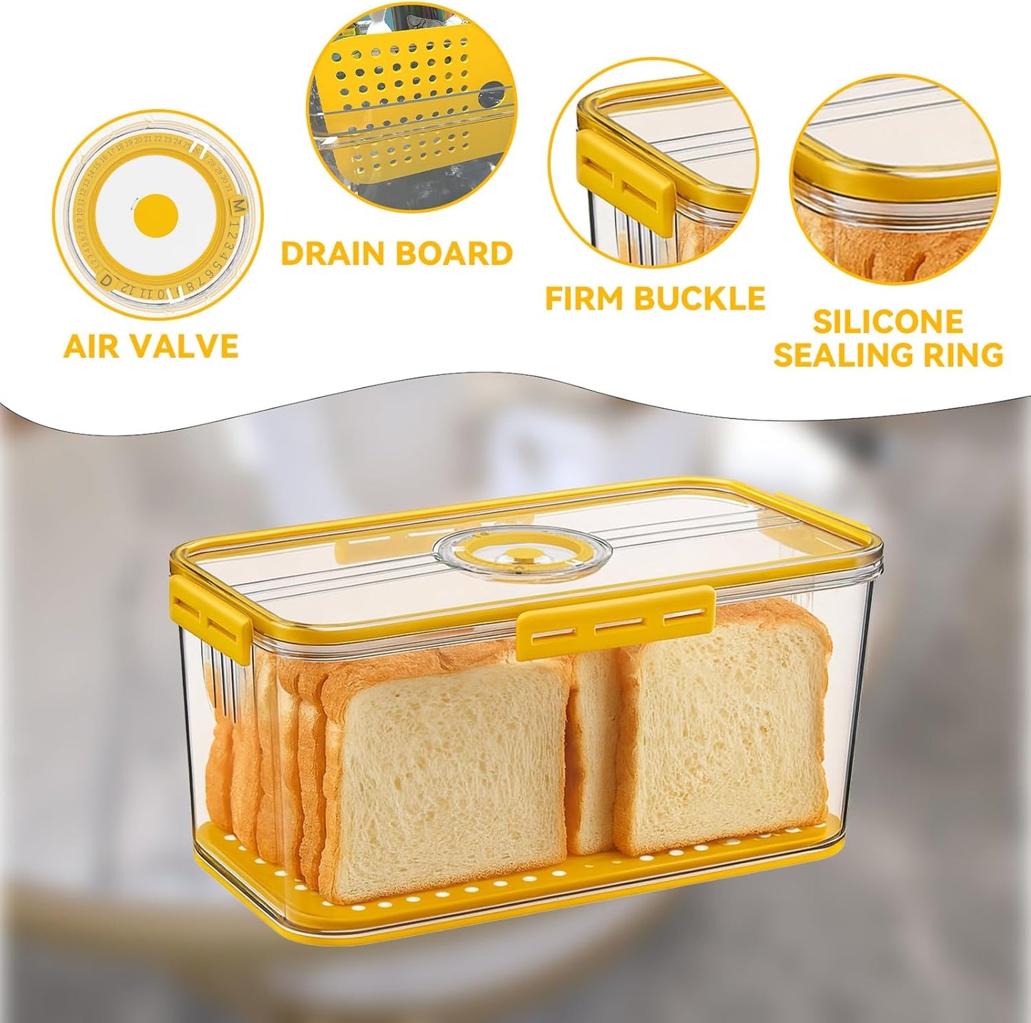 Bread Box and Slicer,Breades Slicer with Box, Large Breads Box Airtight with Lid and Time Recording Function, Bread Container for Homemade Bread, Cookies, Bagel, Donut and Toast(yellow)