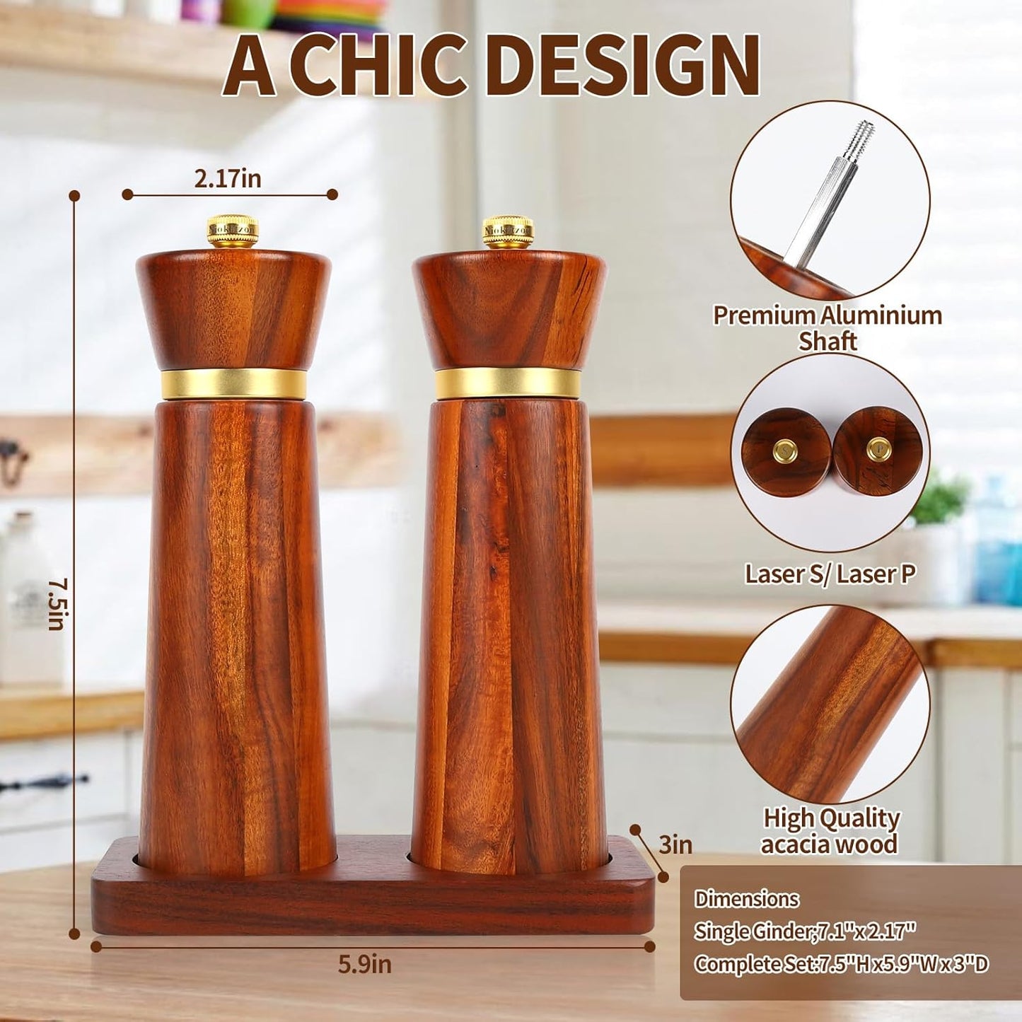 Wooden Salt and Pepper Grinder Set, Salt grinder Refillable with adjustable Coarseness, Acacia Wood pepper grinder manual, Salt and Pepper Shakers Matching Wooden tray-Ideal for Gifting