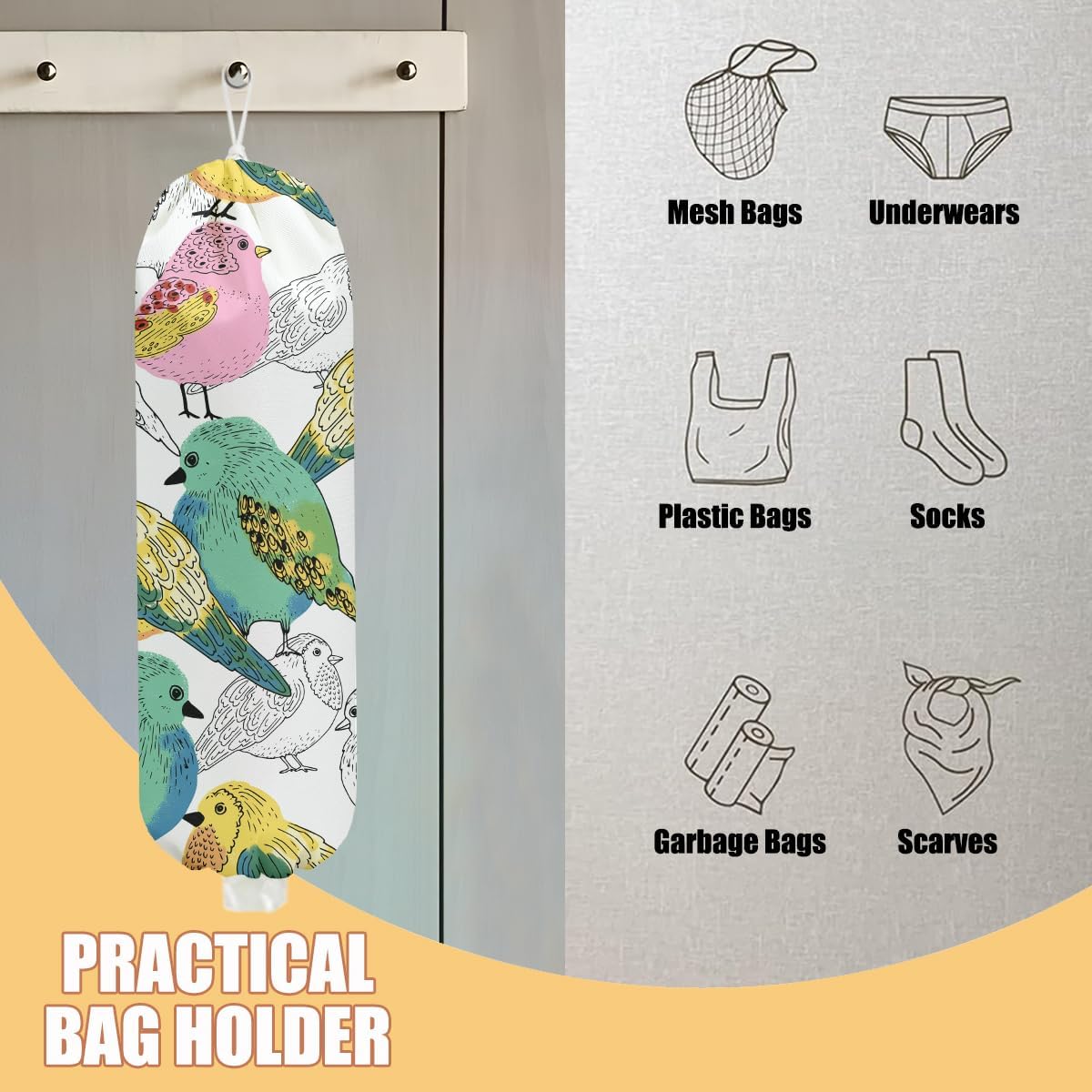 Bird Plastic Bag Holder, Wall Mount Grocery Bag Holder, Plastic Storage bag, Pull Rope Free Adjustment, Plastic Bag Holders for Grocery Bags, Plastic Bag Dispenser for Home Kitchen