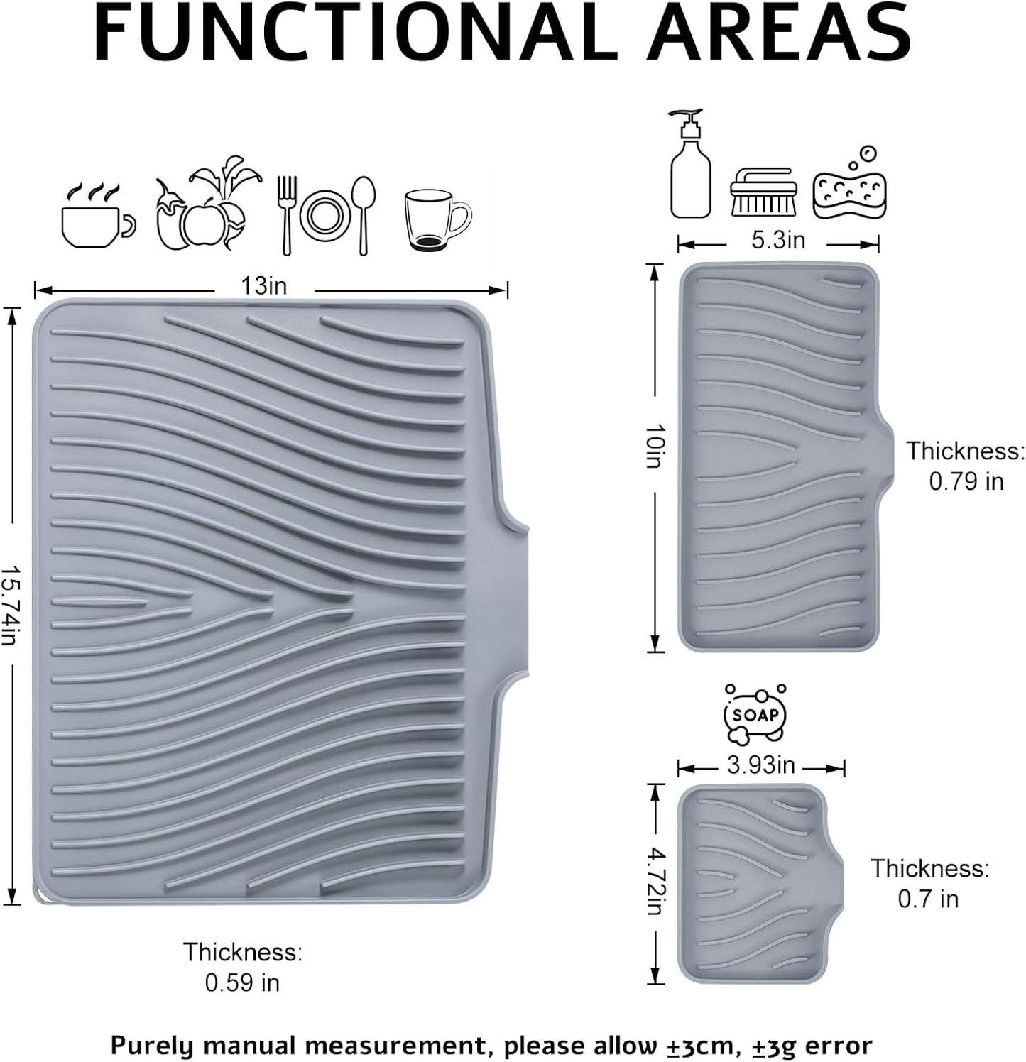 Silicone Dish Drying Mat for Kitchen Counter, Dish Drying Pad, Non-Slip Drain Pad with Built-in Drain, Heat Resistant Stone Drying Mat, 3 pcs (Grey)
