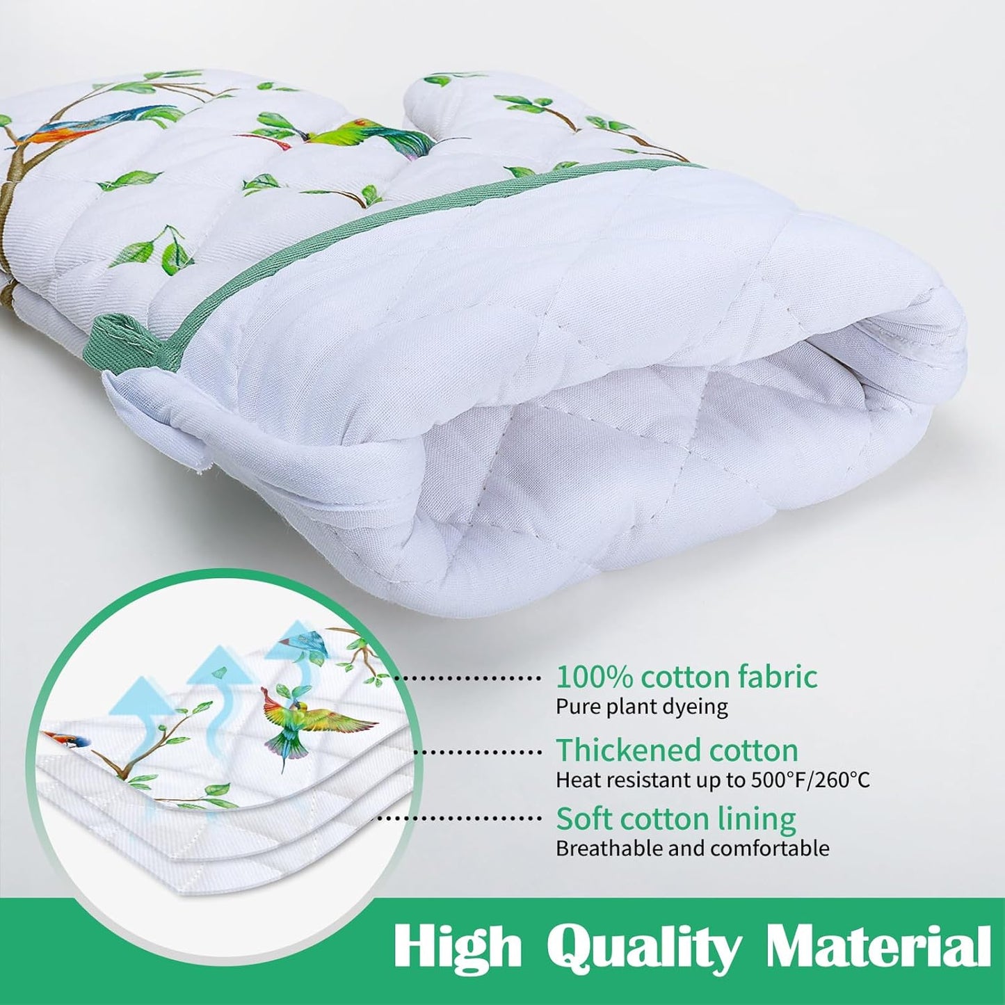 Bird Branch Oven Mitts and Pot Holders Sets 4Pcs, 100% Cotton Heat Resistant, Extra Long Oven Gloves Potholder for Kitchen Cooking Baking Housewarming