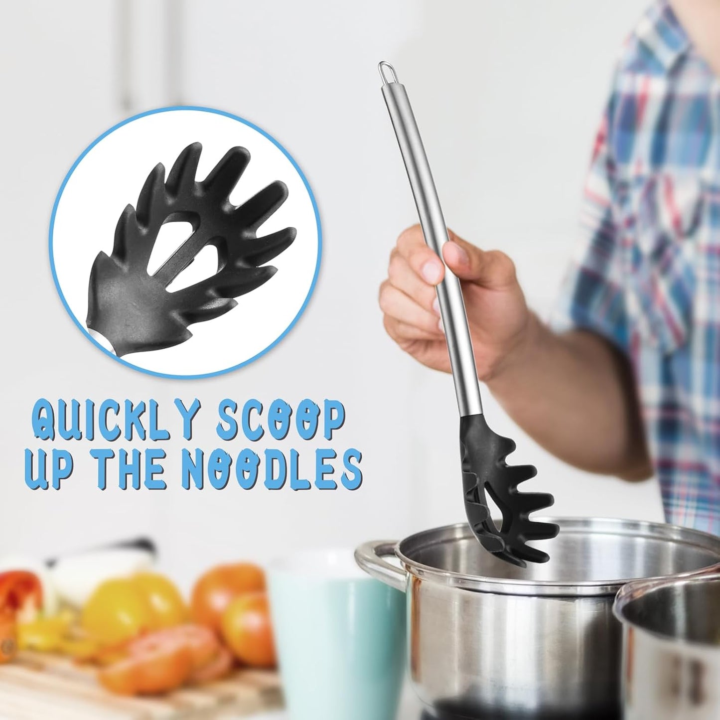 Spaghetti Spoon and Pasta Tong Set, Silicone Pasta Fork with Stainless Steel Handle and Pasta Measuring Instrument, Toothed Pasta Spoon, Pasta Cooking Tool