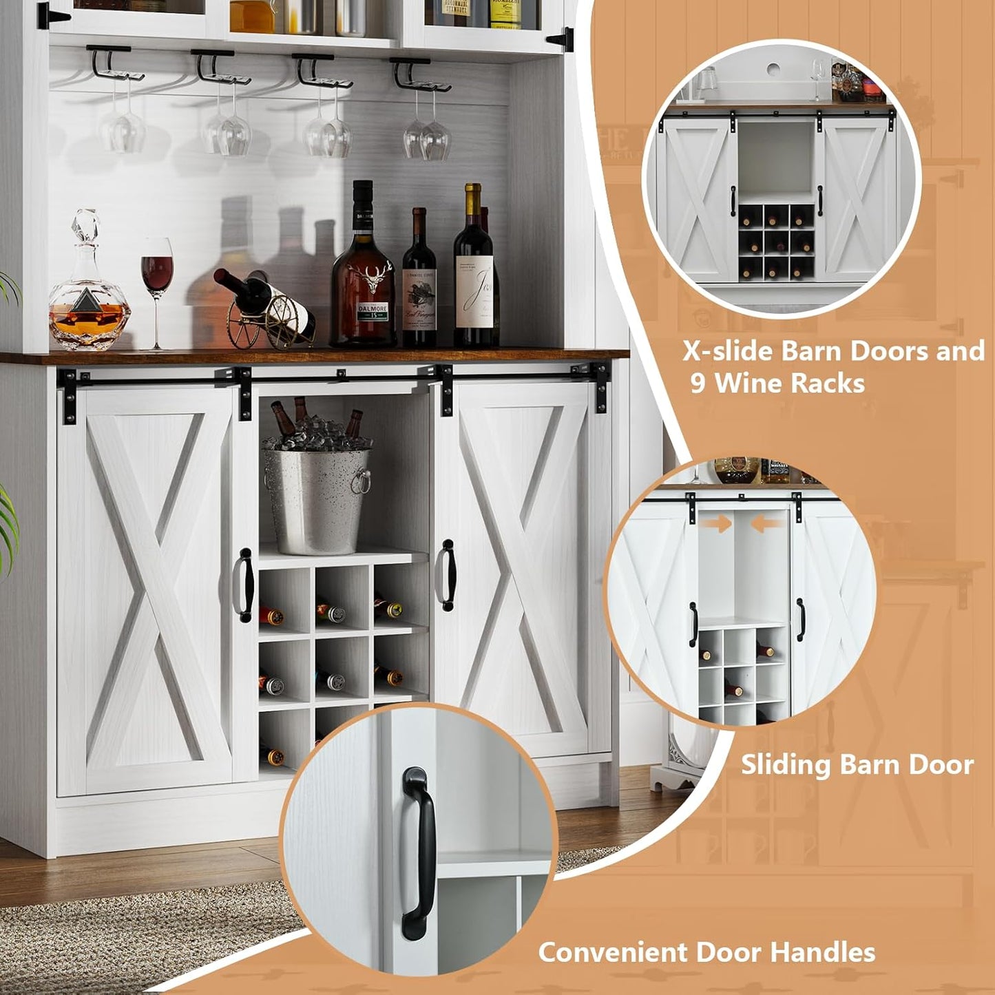 4ever2buy Farmhouse Coffee Bar Cabinet with Sliding Barn Doors, 72'' Hutch Cabinet with Storage, White Bar Cabinet with Glass Doors and Wine Rack, Tall Wine Bar for Living Dining Room