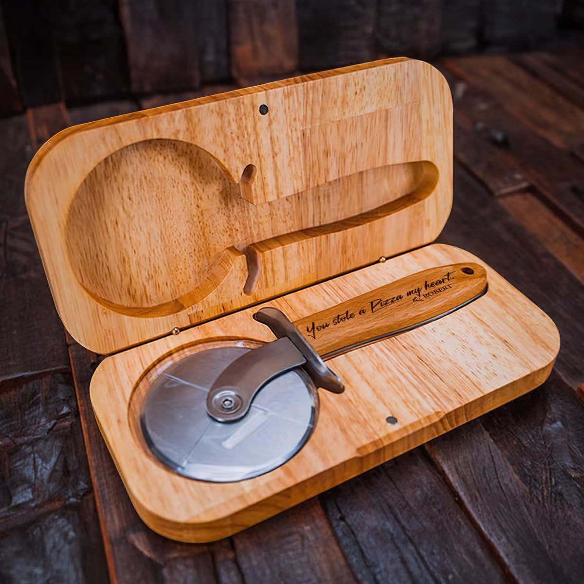 Pizza Cutter Wheel with Sharp Blade - Gifts for Men, Women, Gift for Husband, Birthday & Christmas Gift - Wooden Pizza Wheel Cutter (You Stole A Pizza My Heart)