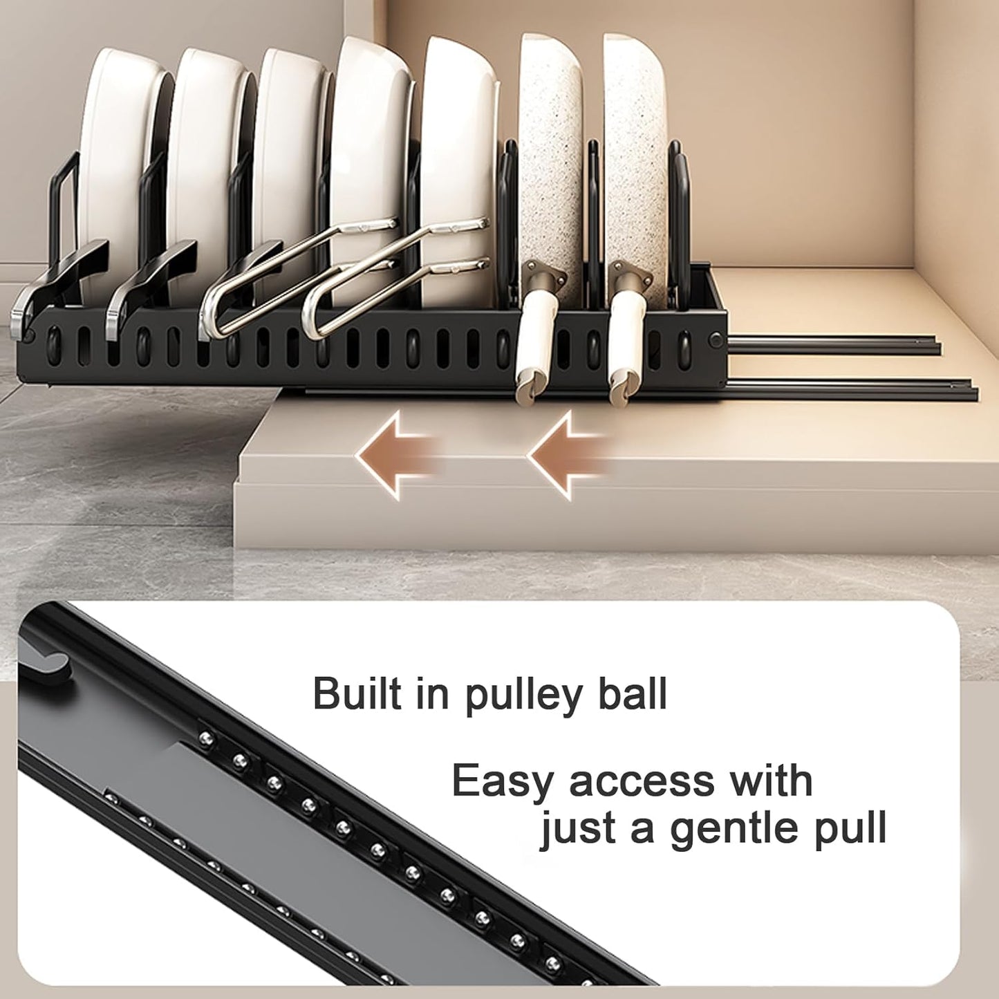 2 Pack Pots and Pans Organizer Under Cabinet, Sliding Pot Lid Holder and Pan Rack in Kitchen, Pull out Pot and Pan Organizer, for Pot Lid, Bakeware, Dishes, Pots and Pans Storage