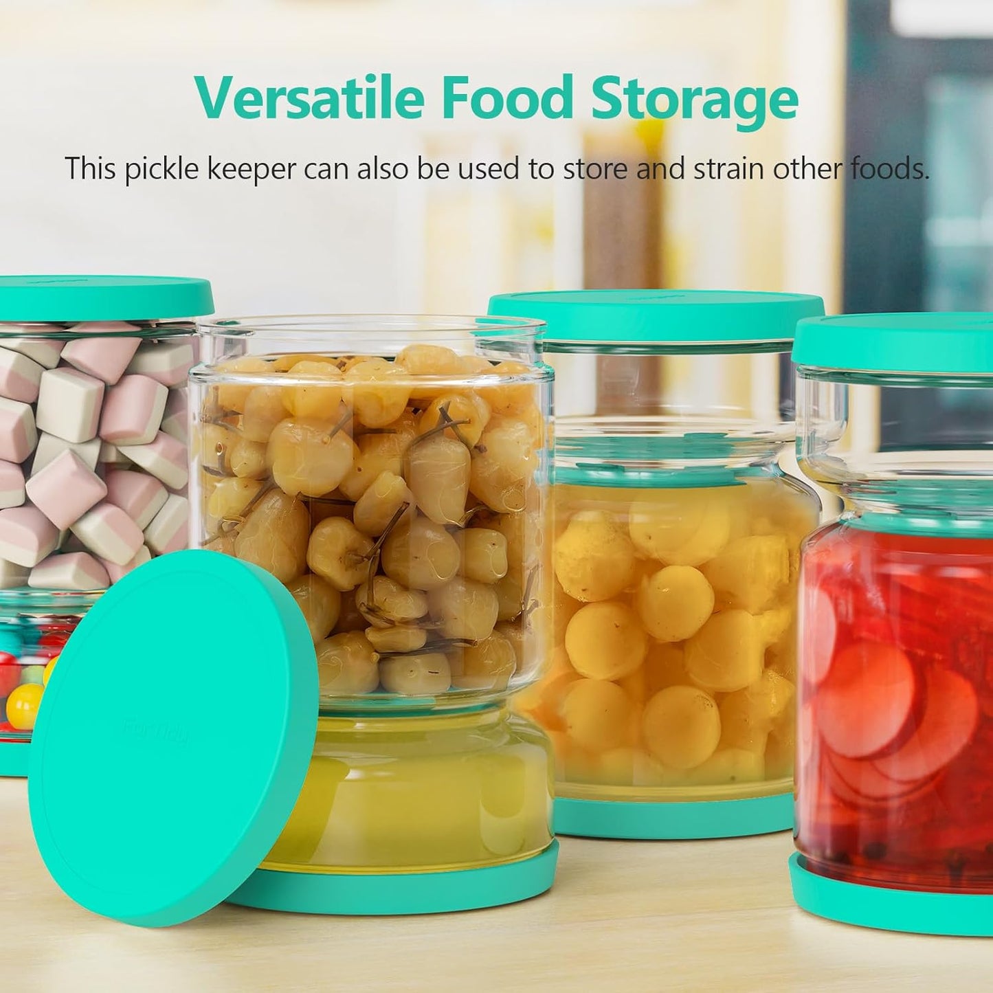 Glass Pickle Jar with Strainer for Pickle Lover - 50 oz Airtight Olive Container with Silicone Lids, Kitchen Organization Must-Have Versatile Hourglass Jar, BPA-Free, Dishwasher Safe (Green)