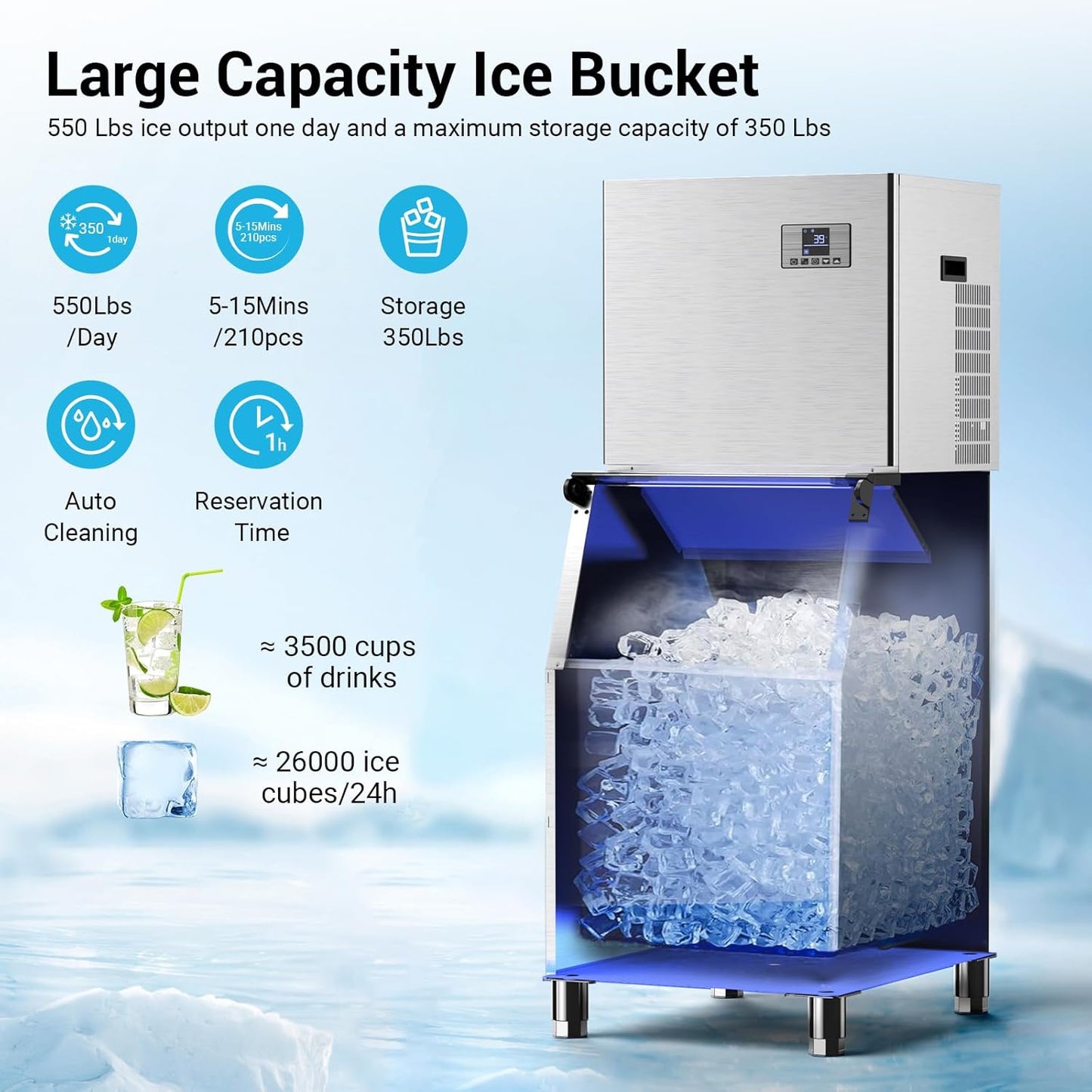 ETL 550LBS/24H Commercial Ice Machine Maker, 350LBS Capacity Large Industrial Ice Maker, Clear Ice Cubes Ready in 5-15min, Micron Water Purification Filter 99% impurities, for Cafe, Bar