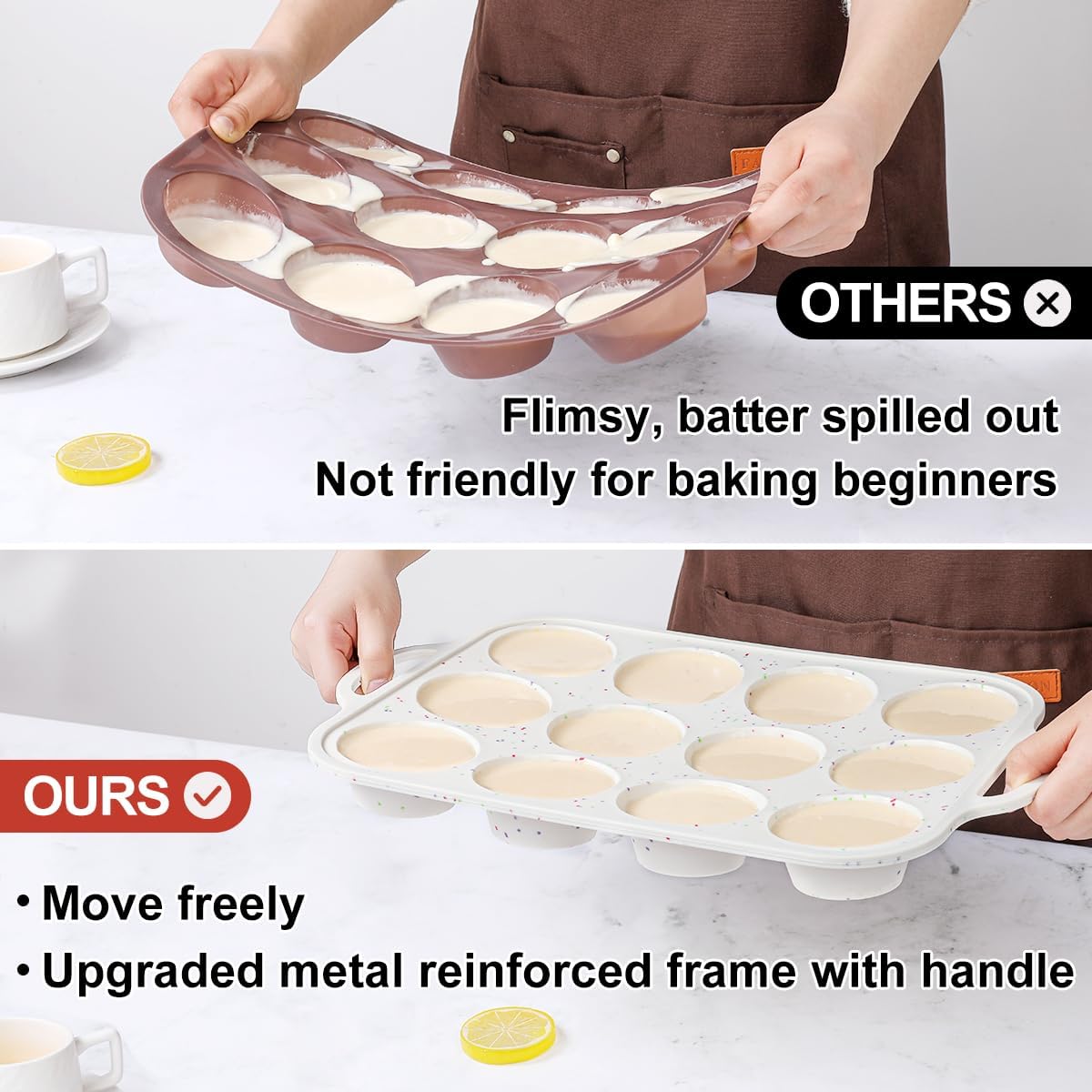 CAKETIME Silicone Muffin Pan with Metal Frame, Metal Reinforced Frame Regular Size Cupcake Pan with Handle 12 Cups Nonstick Muffin Pan for Baking BPA Free 2 Pack