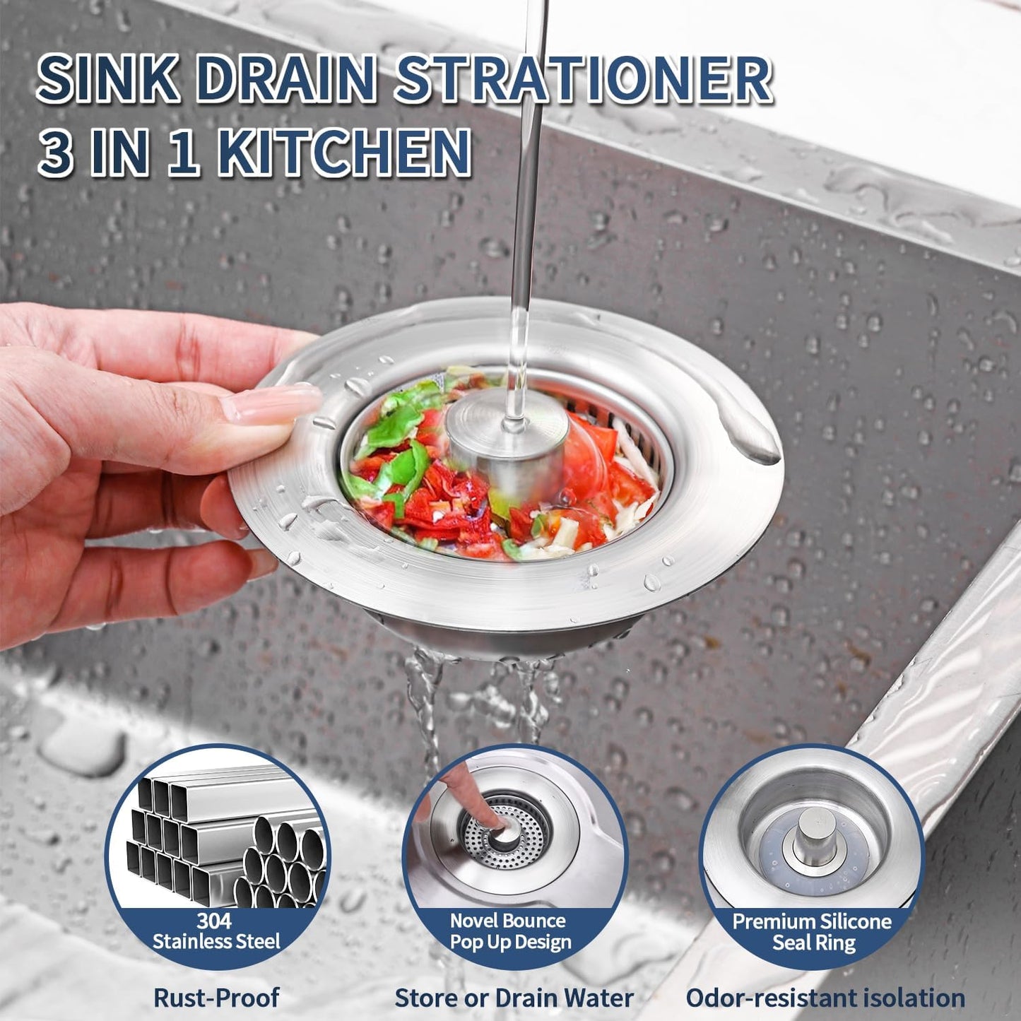 3-in-1 Kitchen Sink Drain Strainer & Sink Stopper - 304 Stainless Steel Pop Up Sink Drain Strainer, Anti-Clogging Kitchen Sink Stopper with Fast Drain Design, Fits Standard 3-1/2'' Sink Drains