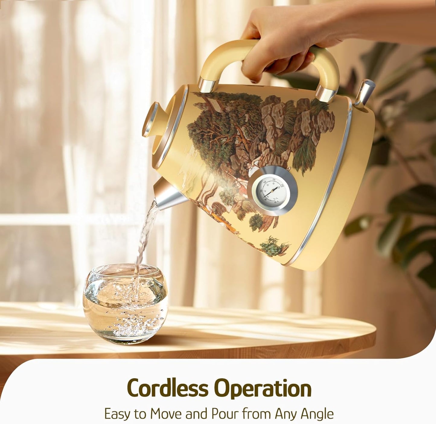 Hazel Quinn Retro Electric Kettle - 1.7 Liters / 57.5 Ounces Tea Kettle with Thermometer, All Stainless Steel, 1200 Watts Fast Boiling, BPA-free, Cordless, Automatic Shut Off - Garden Scenery