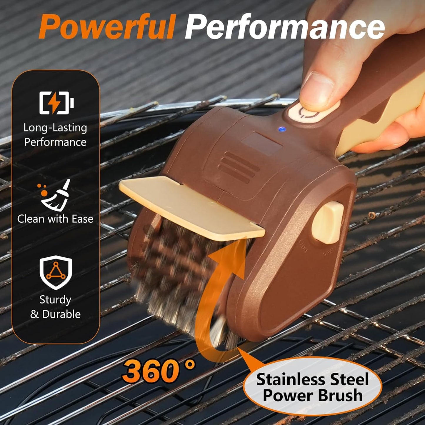 Grill Brush for Outdoor Grill, Cordless Electric BBQ Grill Cleaner with 700 RPM Stainless Steel Brush, Rechargeable Grill Cleaning Brush, Brown