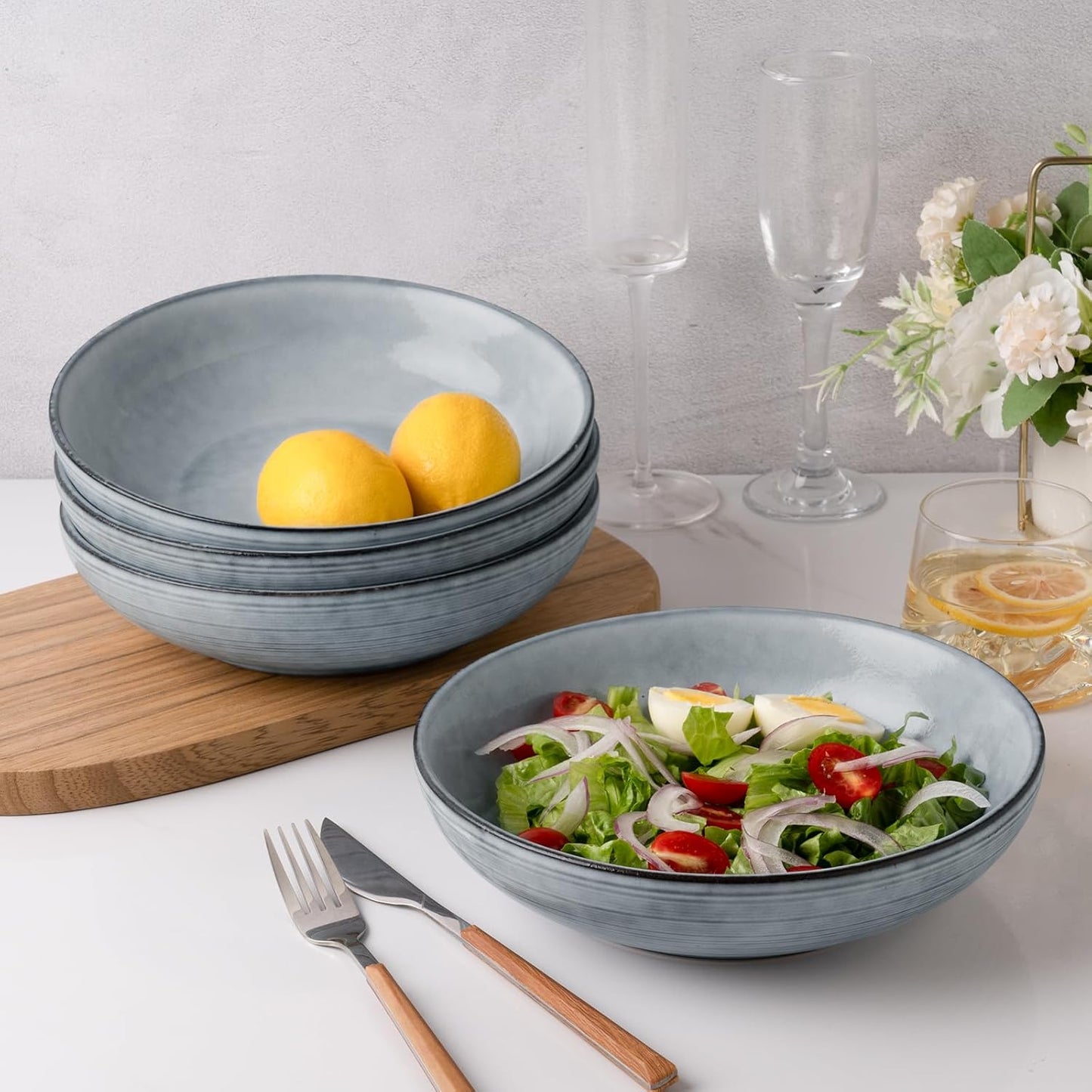 famiware Tempus Pasta Bowls Set of 4, 40 oz Bowls for Kitchen, Stoneware Deep Serving Bowls, Dishwasher & Microwave Safe Bowls for Cereal, Salad, Soup, Dessert etc - Pearl Blue