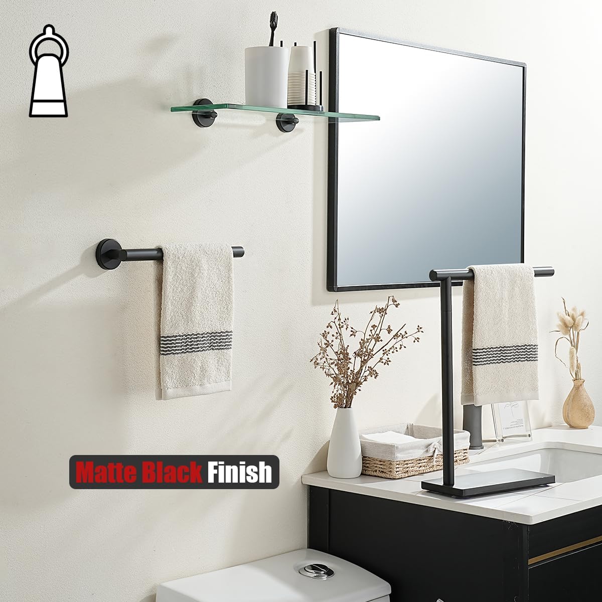 JQK Hand Towel Holder Towel Ring Black, 10 Inch Thicken 0.8mm 304 Stainless Steel Bathroom Hand Towel Bar, 9 Inch Useable Length Wall Mount Towel Rack Hanger, Matte Black, THH110L9-PB