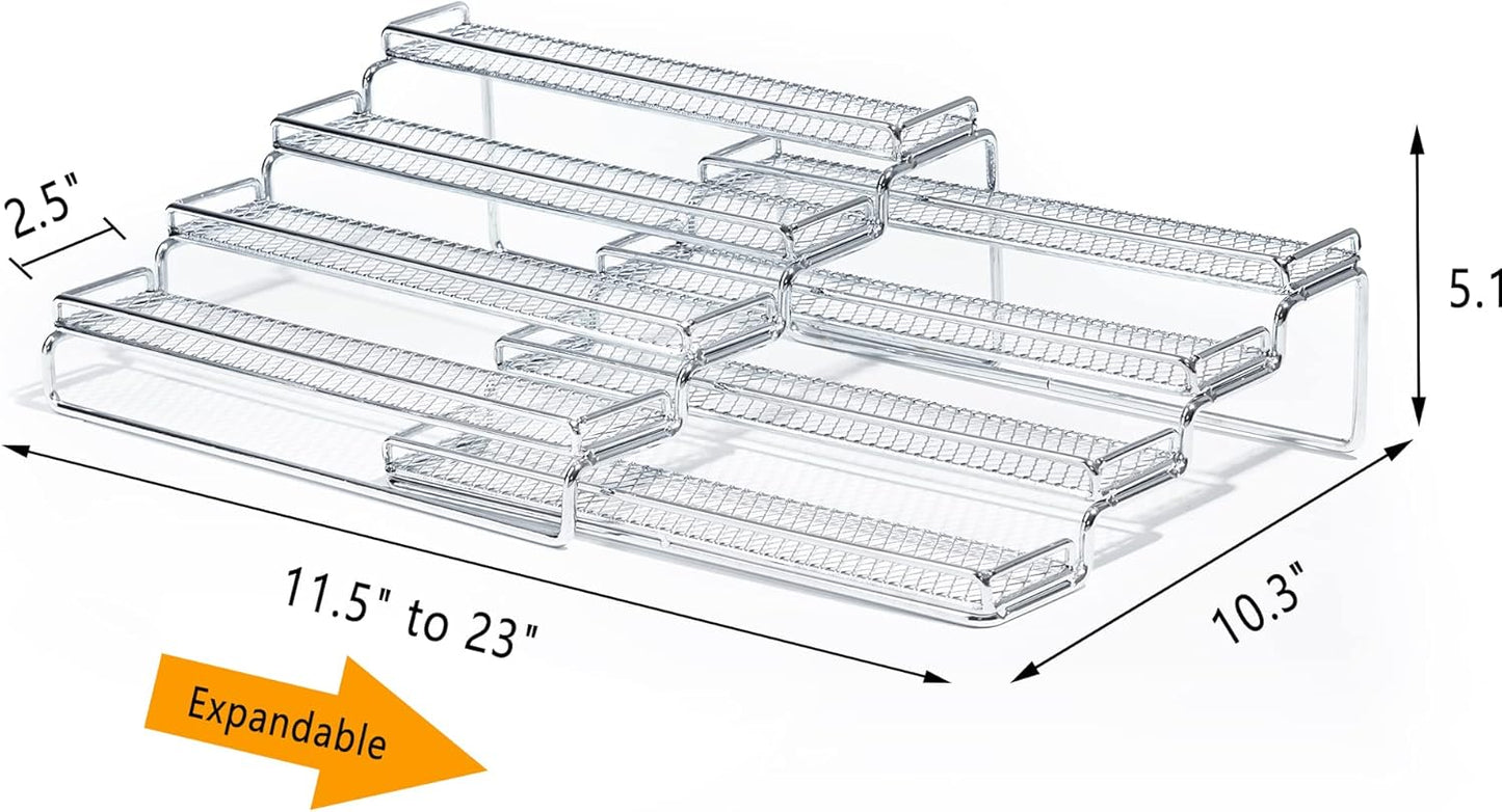GONGSHI Spice Rack Organizer for Cabinet, 4 Tier Seasoning Organizer, Expandable Shelf,Step Storage Holder, Kitchen Cabinet Countertop,with Protection Railing, Metal (Chrome2 PC)