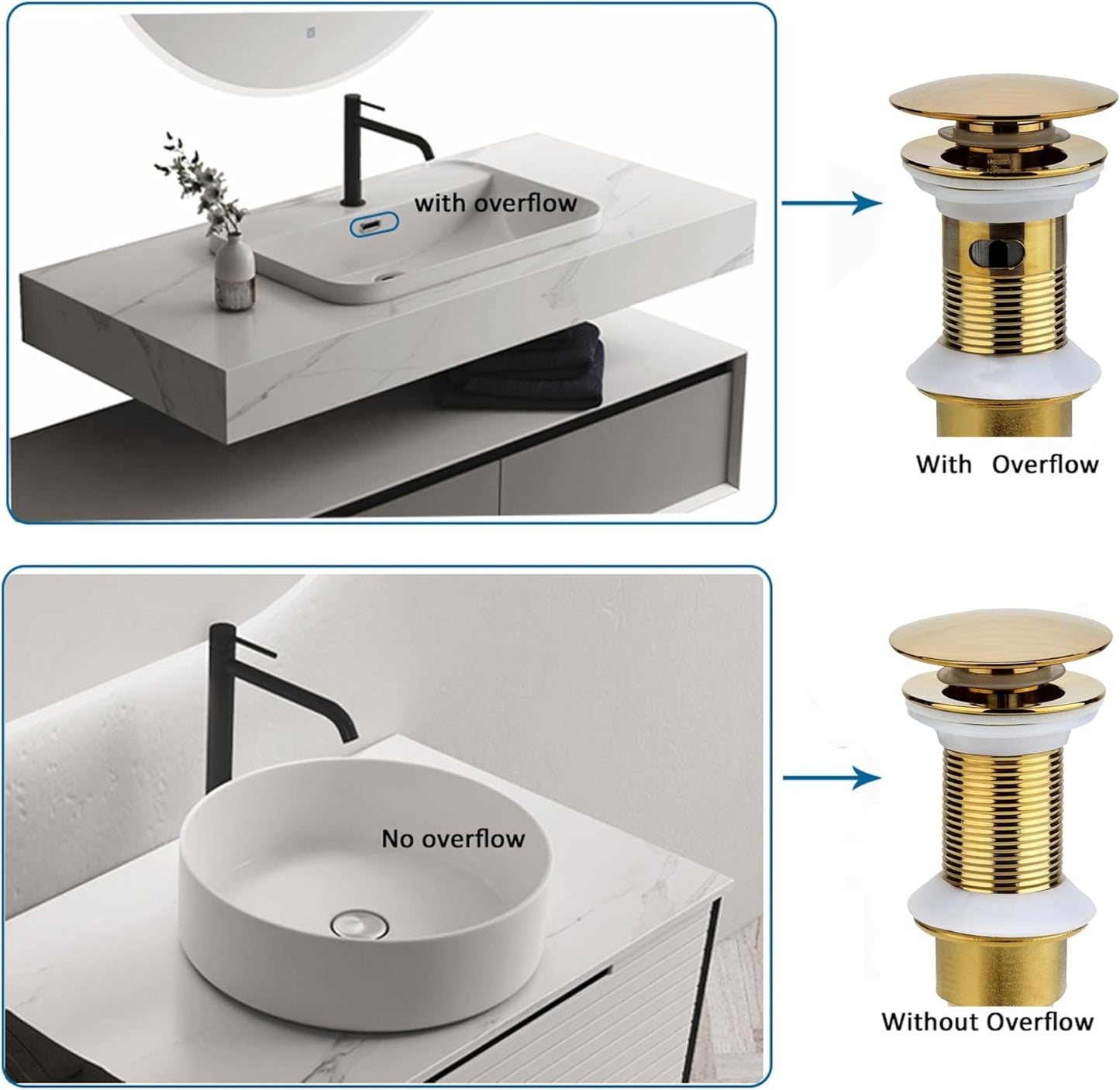 Bathroom Sink Drain, 2 Pack Gold Drain Stopper Bathroom Sink Without Overflow, Pop Up Drain Assembly with Detachable Strainer Basket, Built-in Anti-Clogging Strainer,Stainless Steel