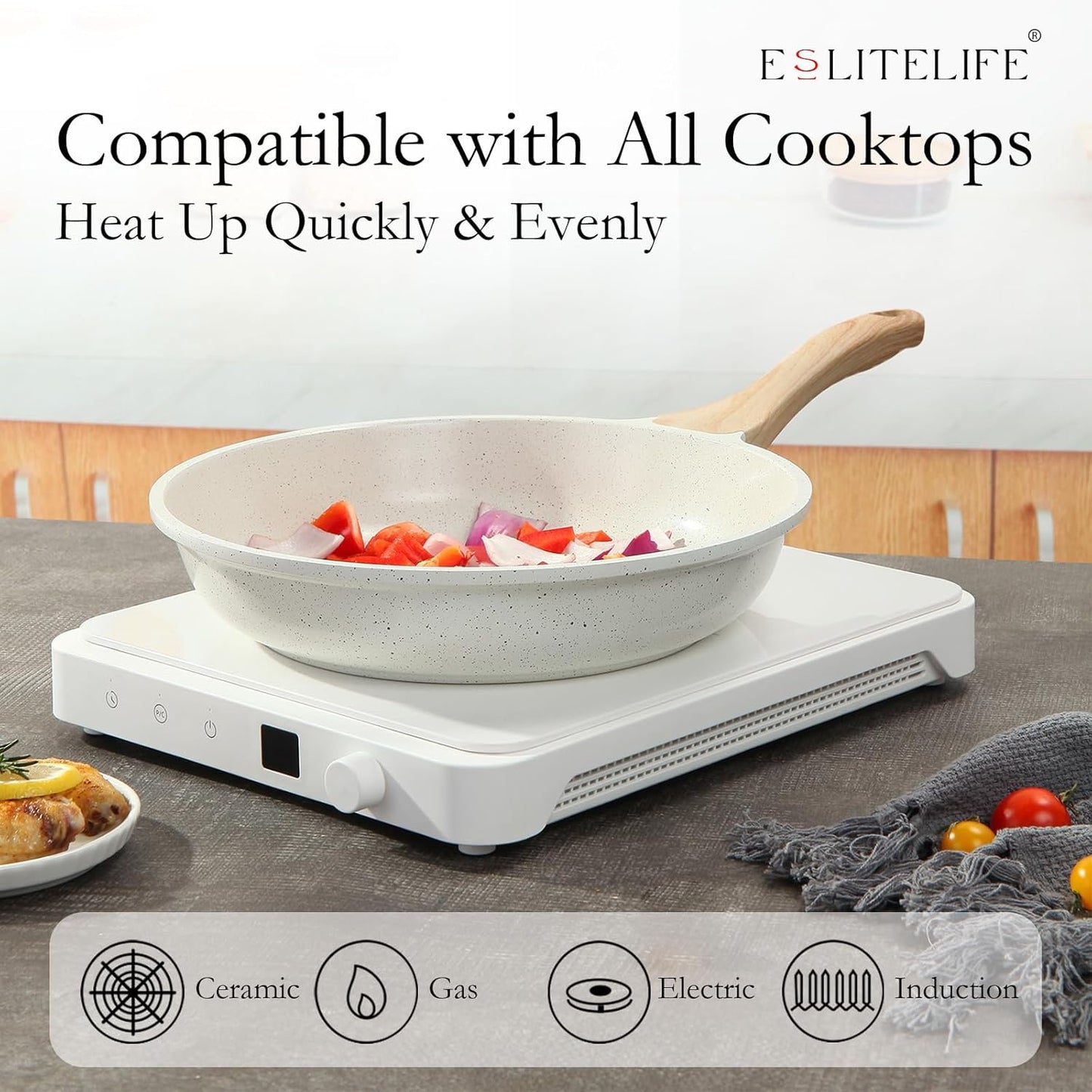 ESLITE LIFE Nonstick Ceramic Frying Pan Skillet with Lid, Non-Toxic Egg Omelette Kitchen Cooking Pans Compatible with All Stovetops (Gas, Electric & Induction), PTFE & PFOA Free (White, 9.5" w/Lid)