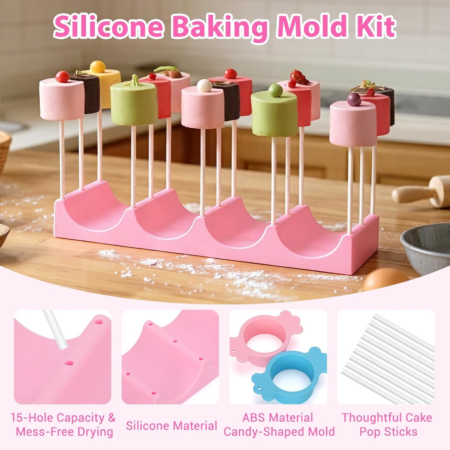 15 Holes Silicone Cake Pop Stand for Drying, Lollipop Display Holder with 2 Candy Shaped Cake Pop Mold Set & 20Pcs Sticks for Birthday Cake Decorations (Pink&Blue, 23P)