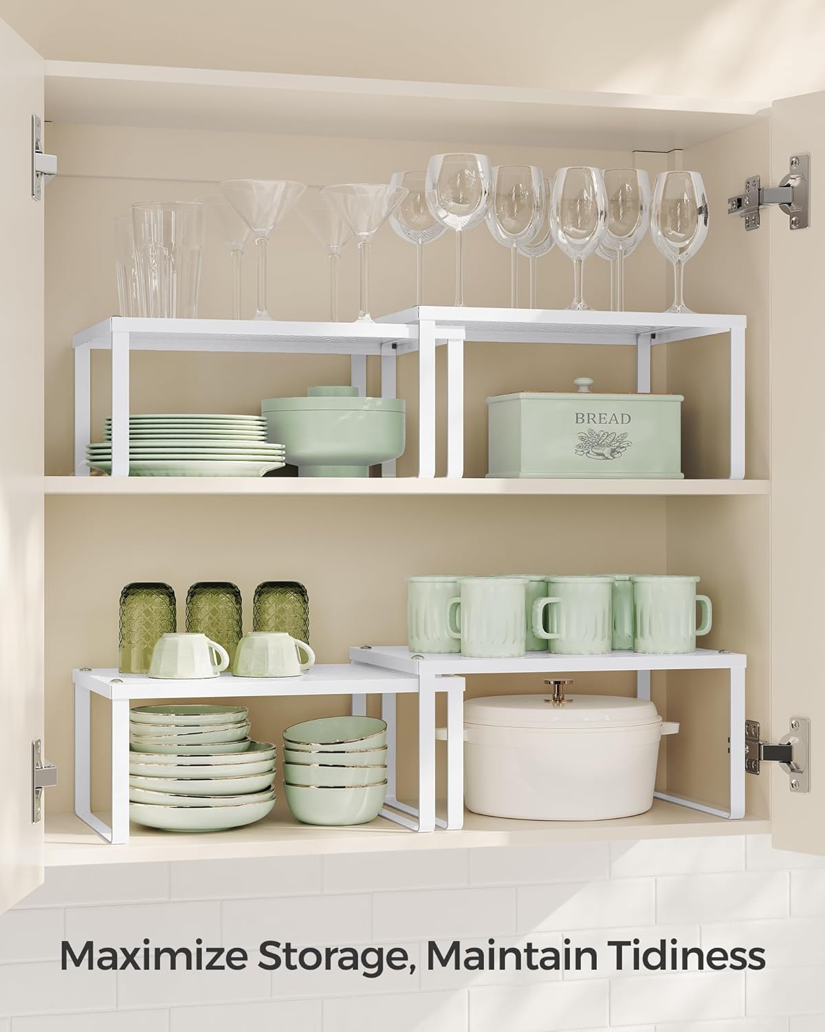 SONGMICS Spice Racks, Set of 2 Metal Cabinet Shelf Organizers, Countertop Organizers, Shelf Risers, Stackable, Expandable, White UKCS01WT