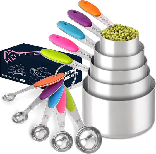 HOTEC 10-Pack Measuring Cups &Spoons Set, Kitchen Gadagets Cooking Baking, Measuring Spoons, Heavy Duty & Dishwasher Safe for Dry and Liquid Ingredients, Multicolor