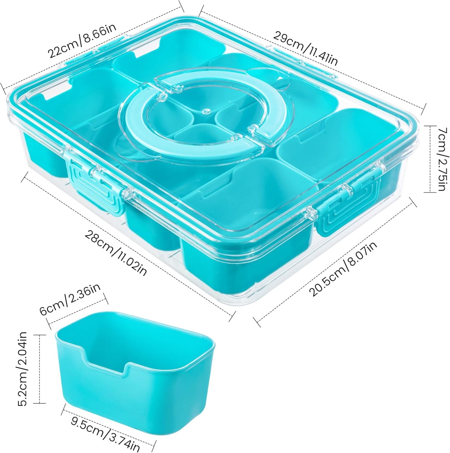 Divided Serving Tray with Lid and Handle - Snackle Box Charcuterie Container for Portable Snack Platters Organizer for Candy, Fruits, Nuts, Snacks - Perfect for Party, Entertaining, Lake blue